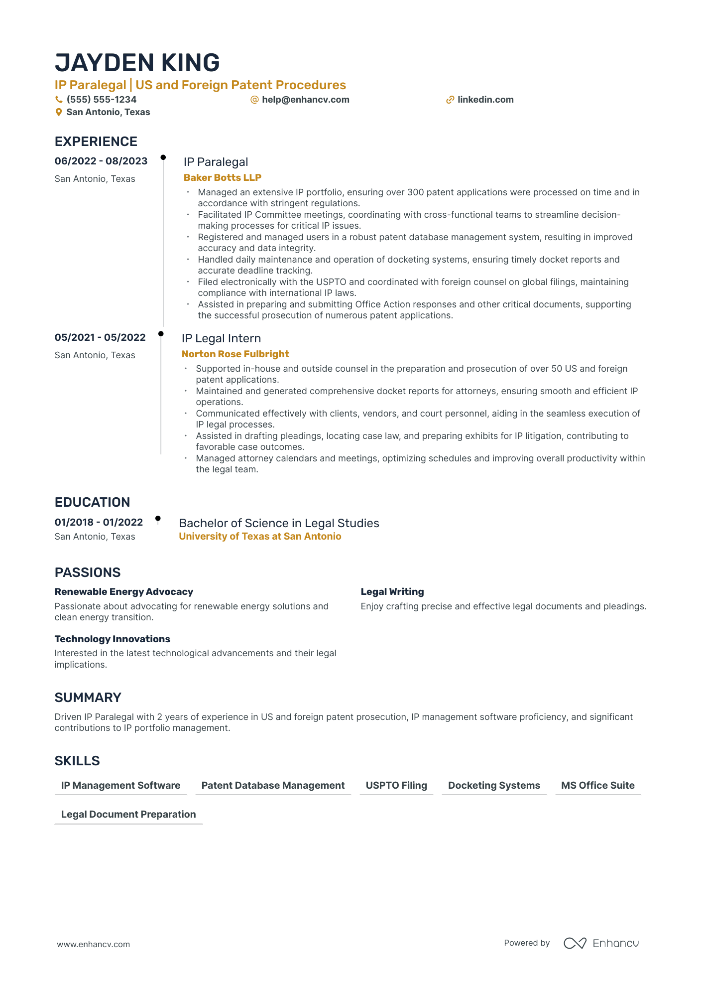 Intellectual Property Paralegal resume example