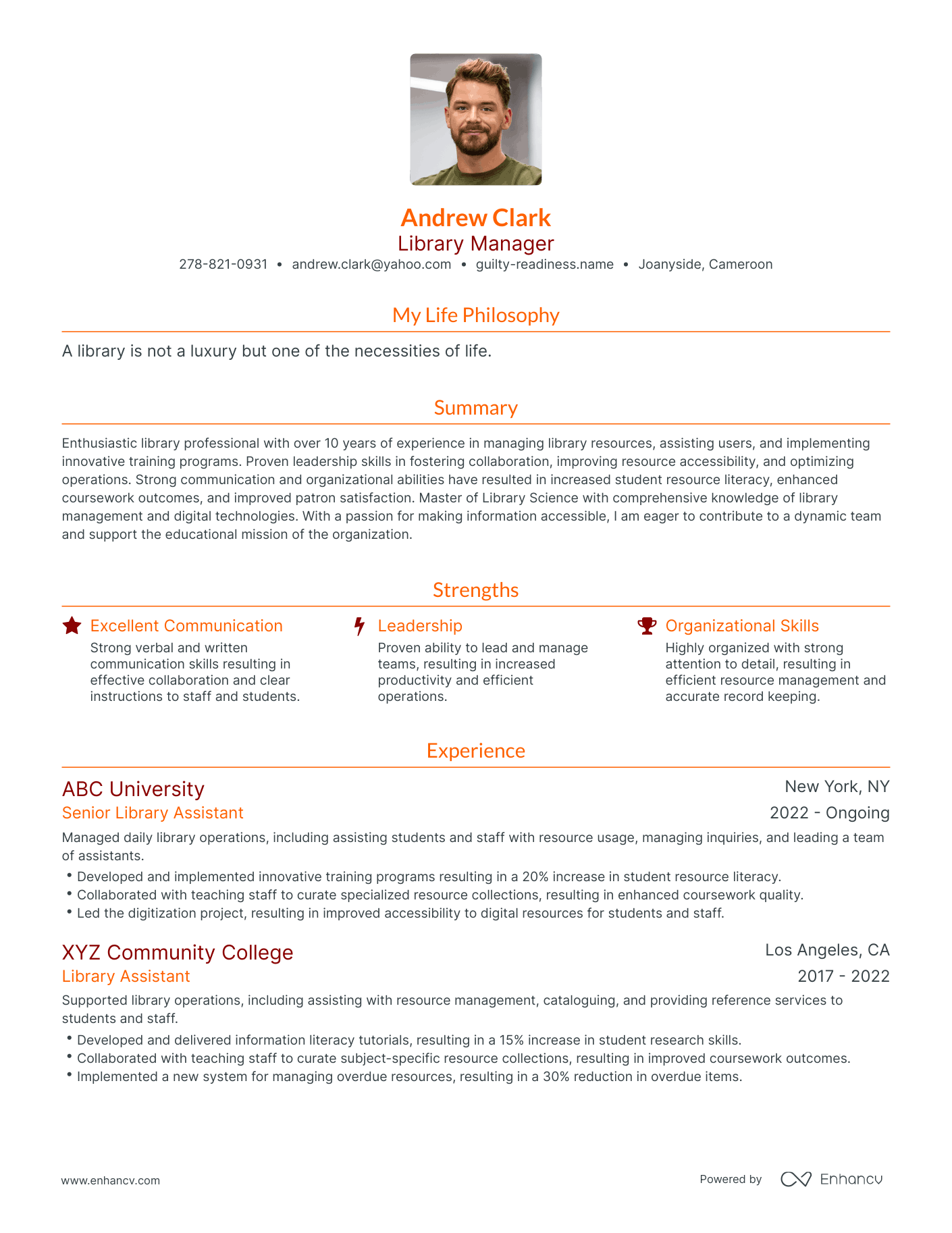 Modern Library Manager Resume Example