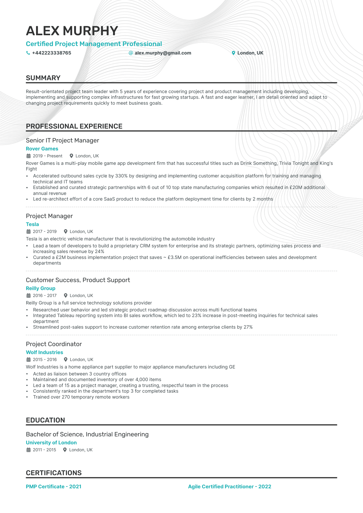 Certified Project Management Professional CV example