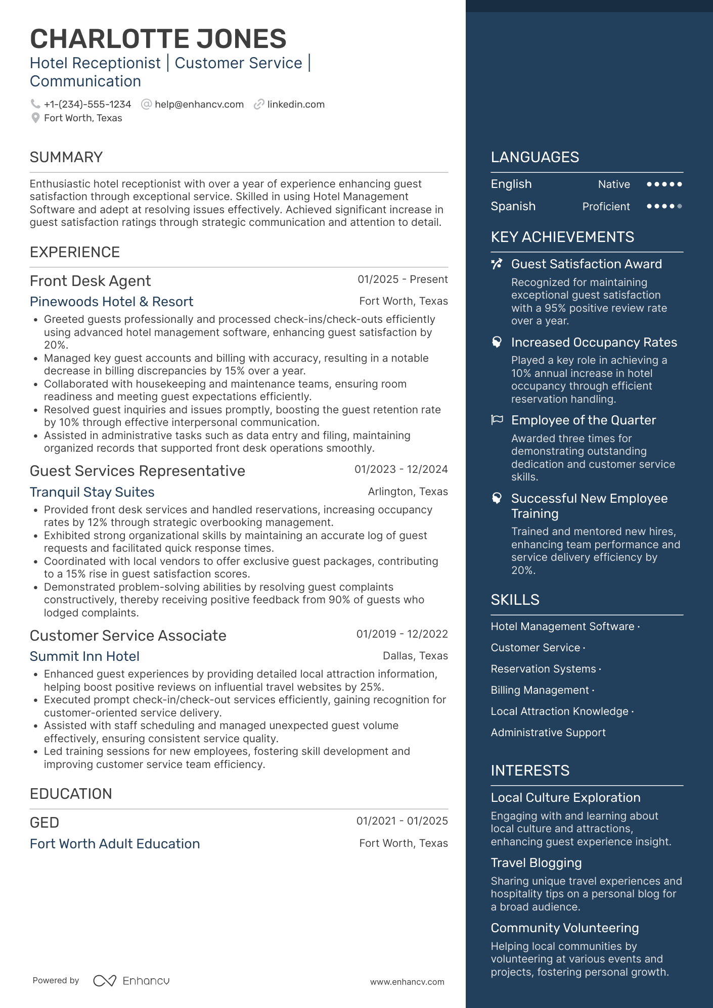 Hotel Front Desk Receptionist resume example