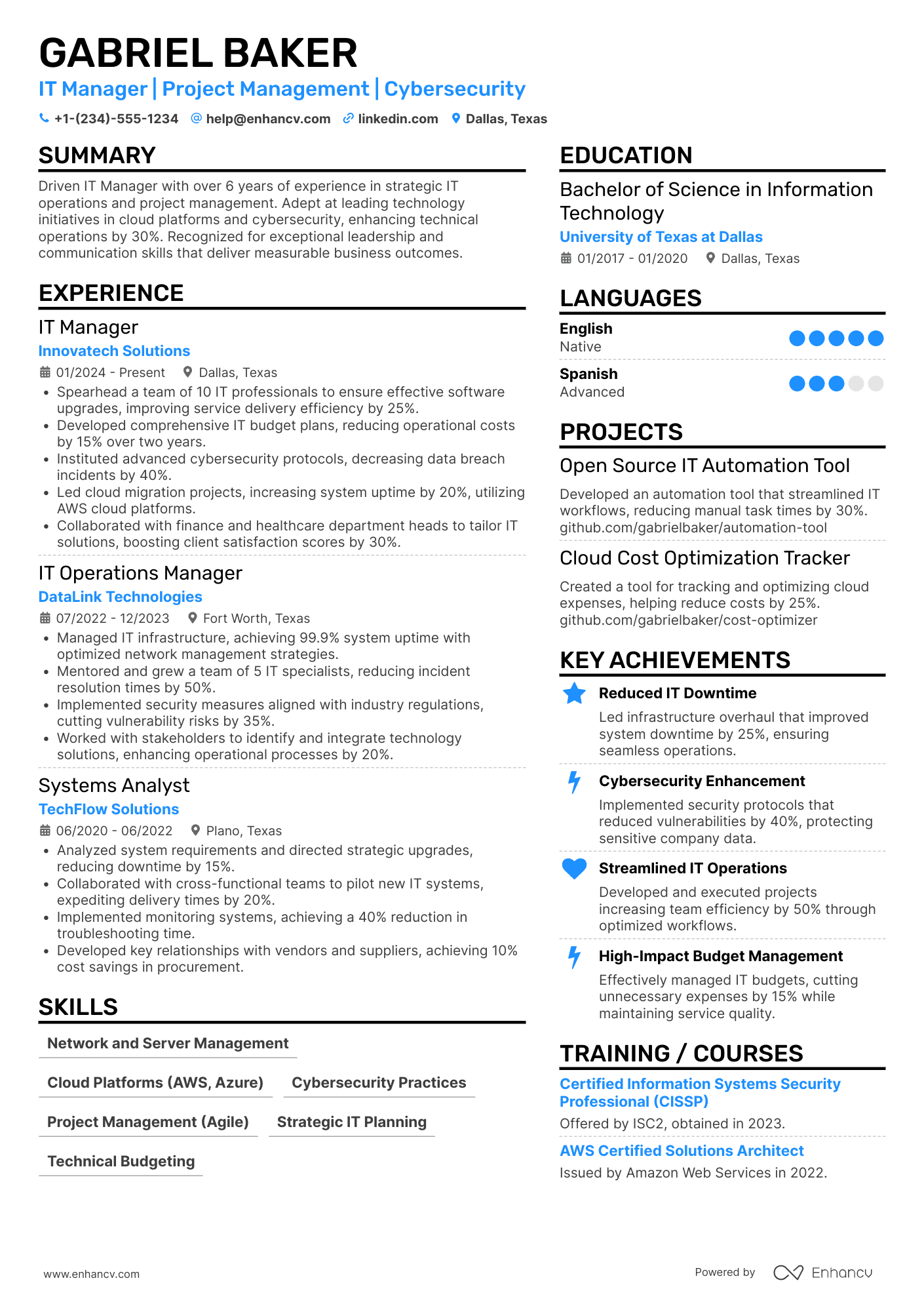 IT Manager resume example