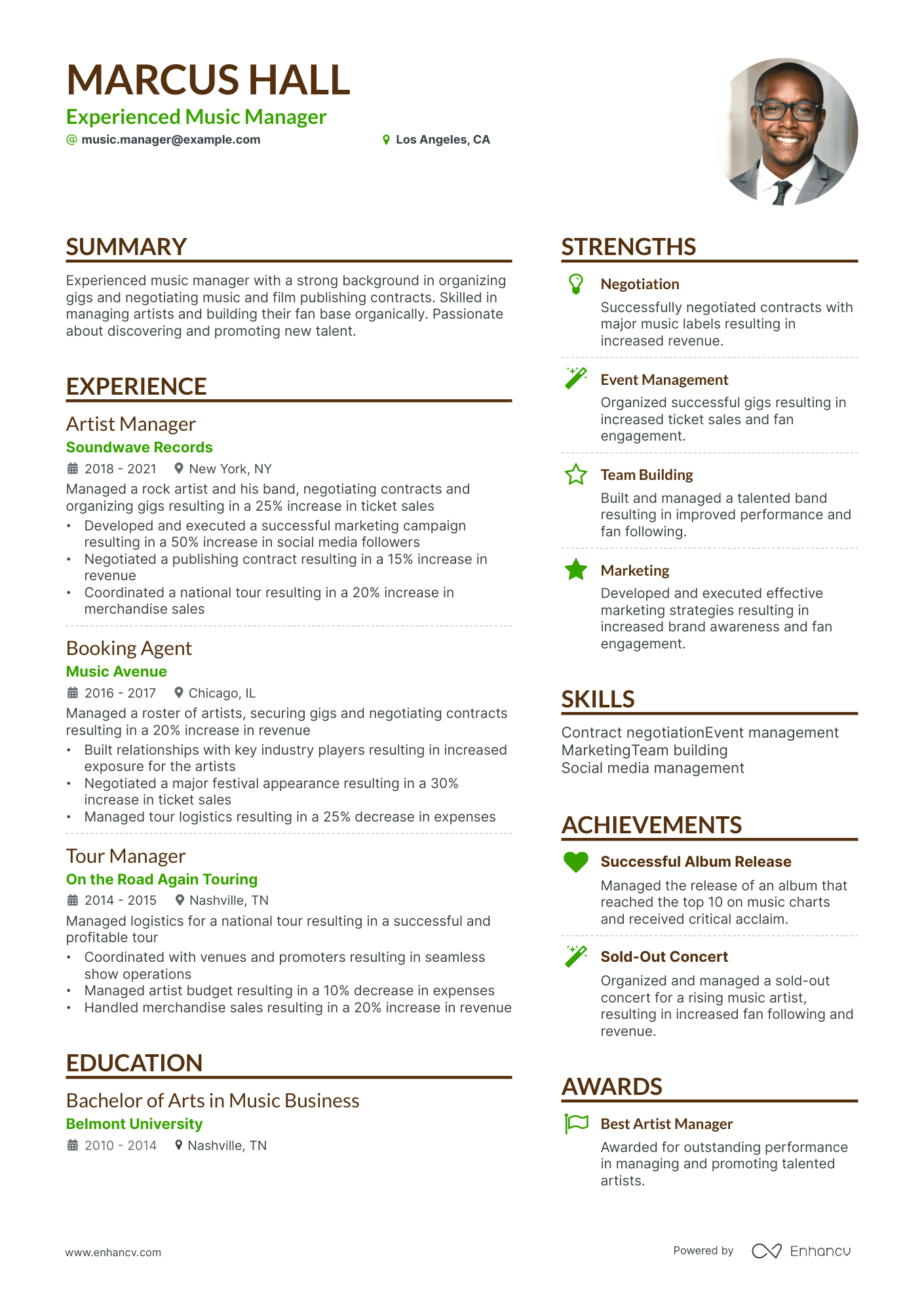 artist manager resume example