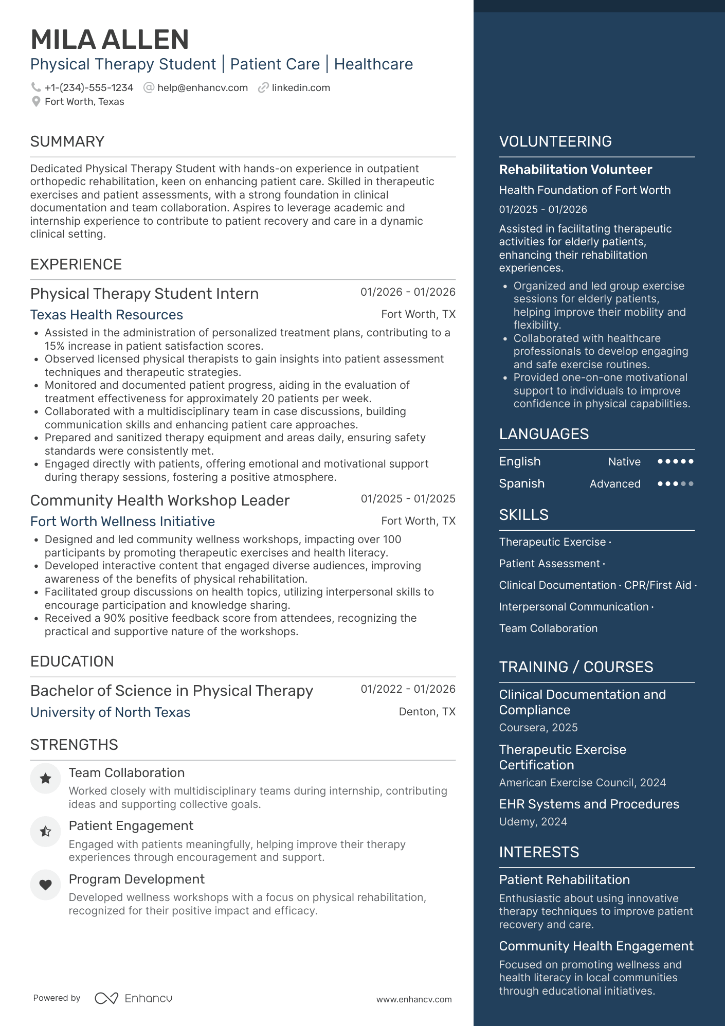 Physical Therapy Student resume example