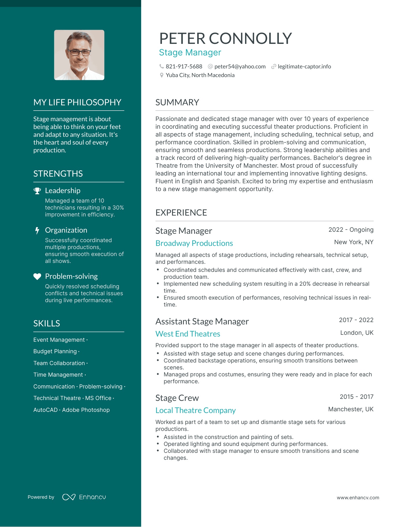 Creative Stage Manager Resume Example