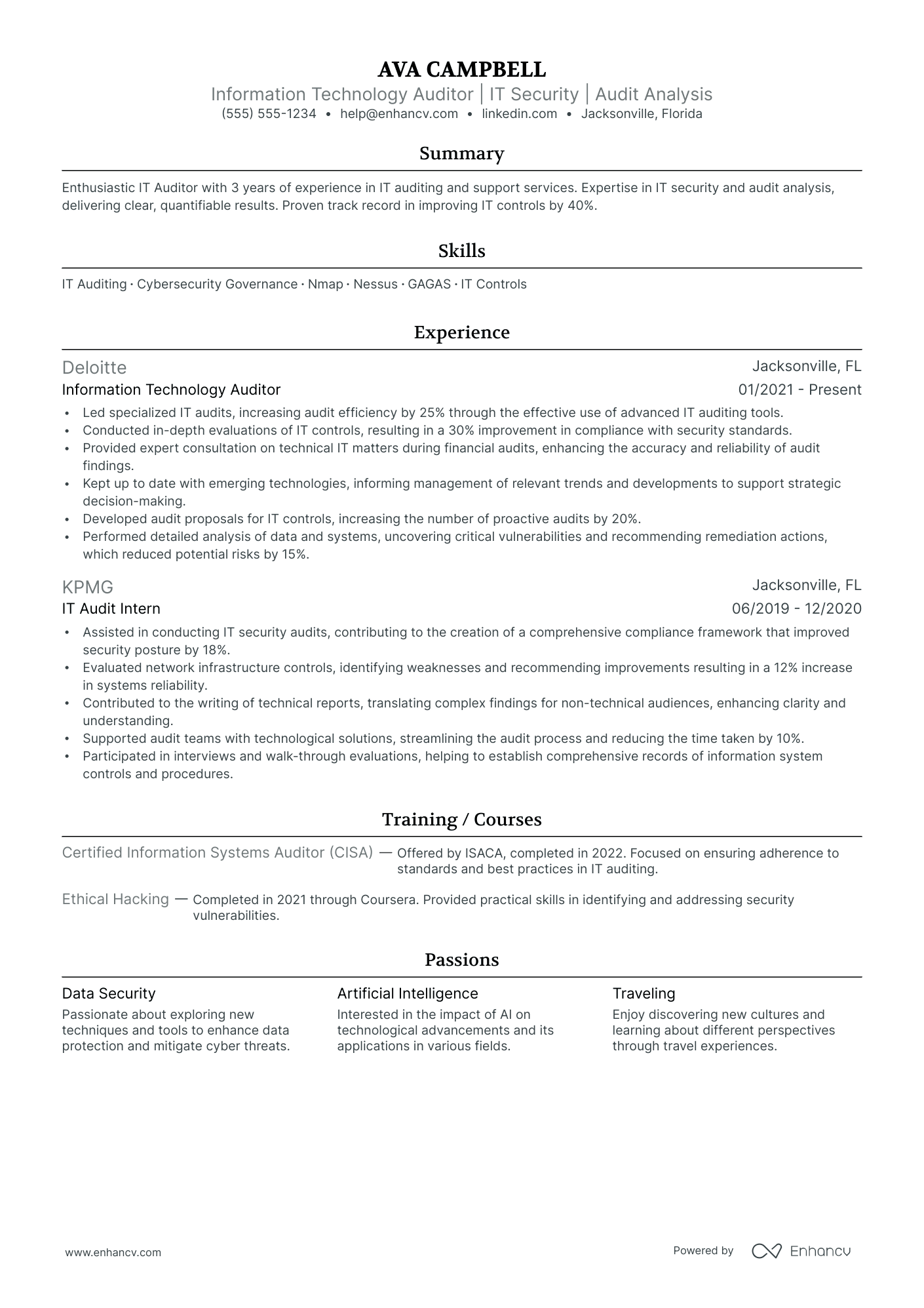 Information Systems Auditor resume example