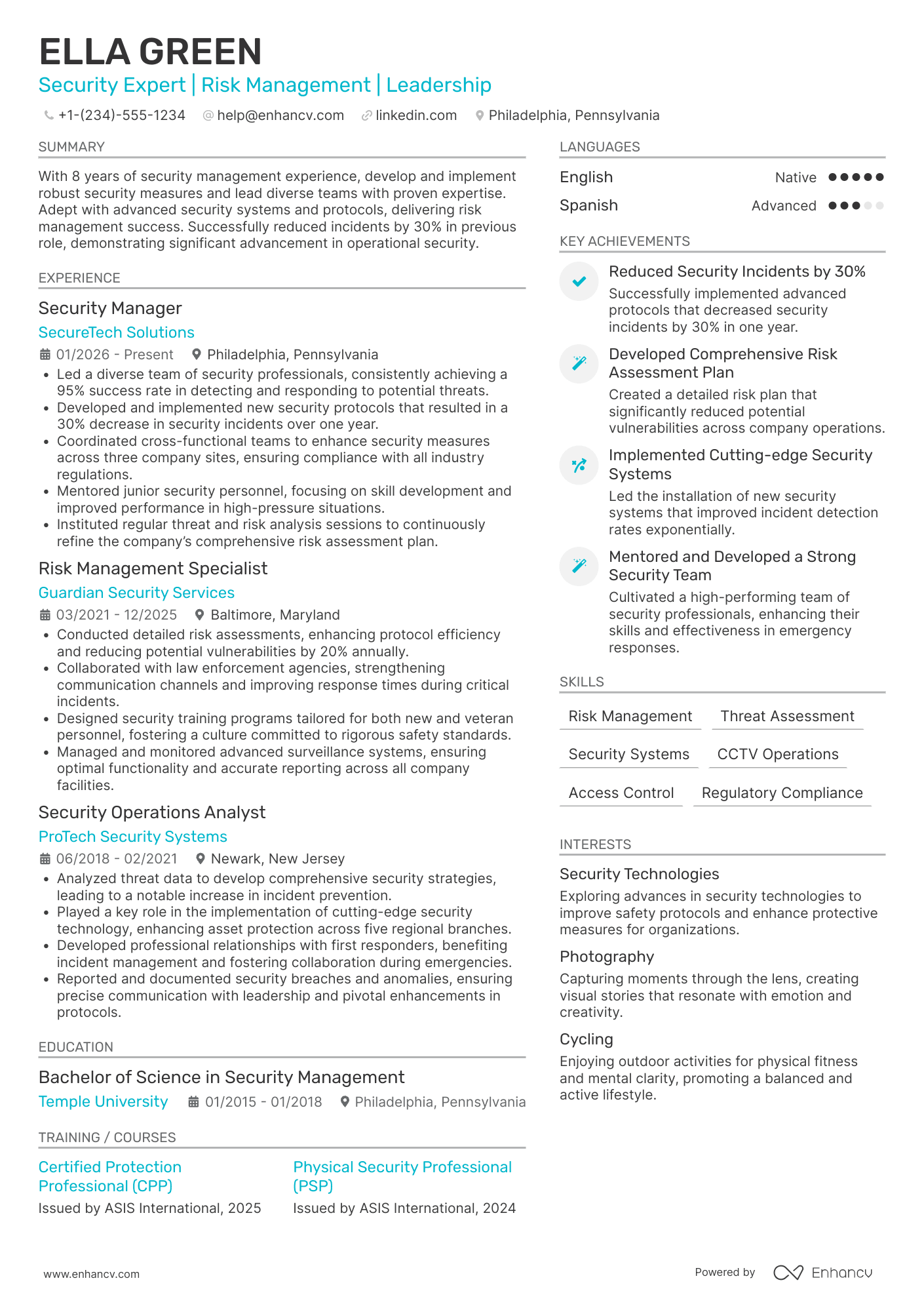 Security Manager resume example