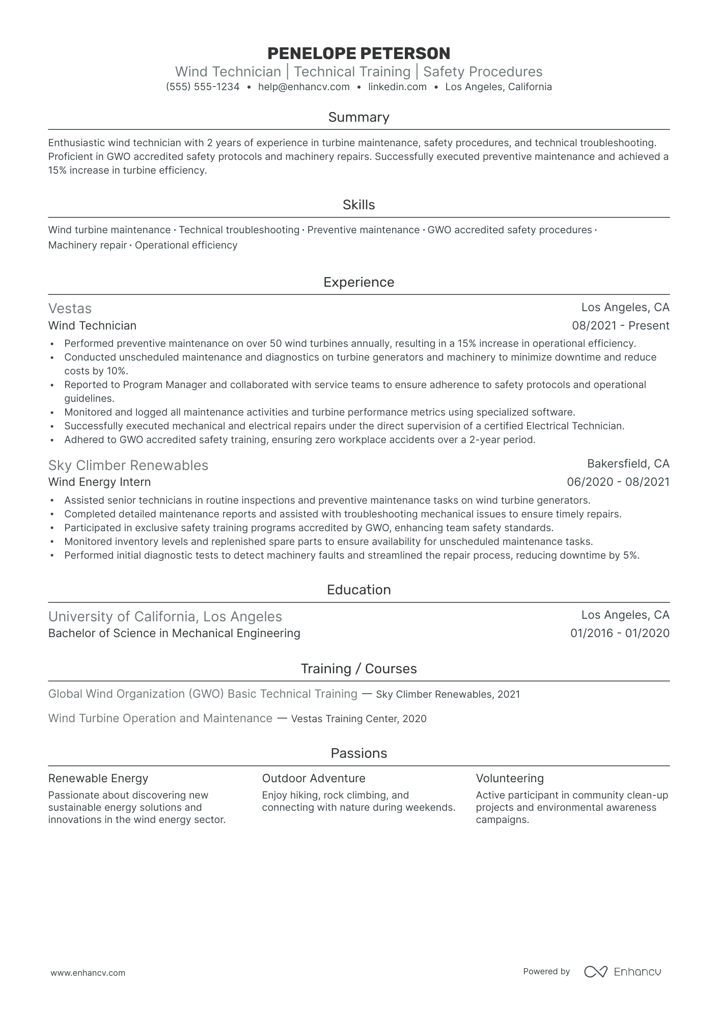 Wind Turbine Electrician resume example