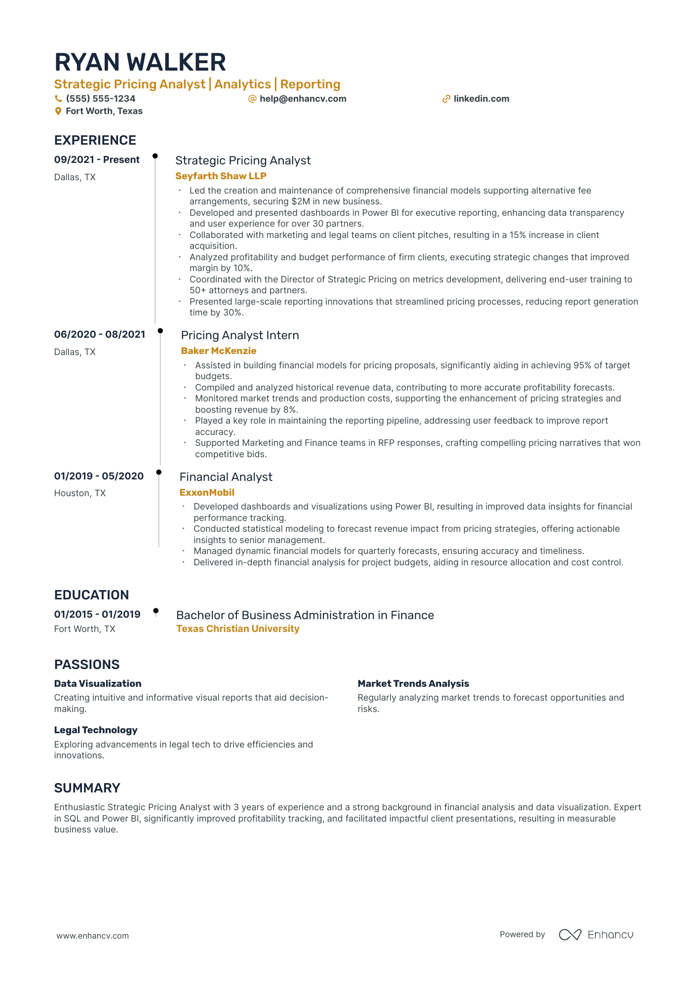 Strategic Pricing Analyst resume example