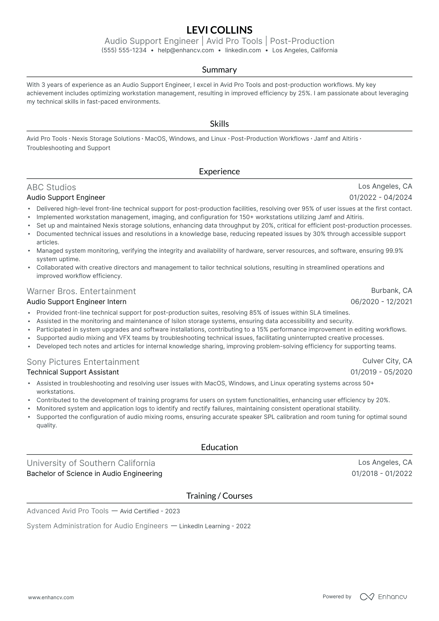 Audio Post-Production Engineer resume example