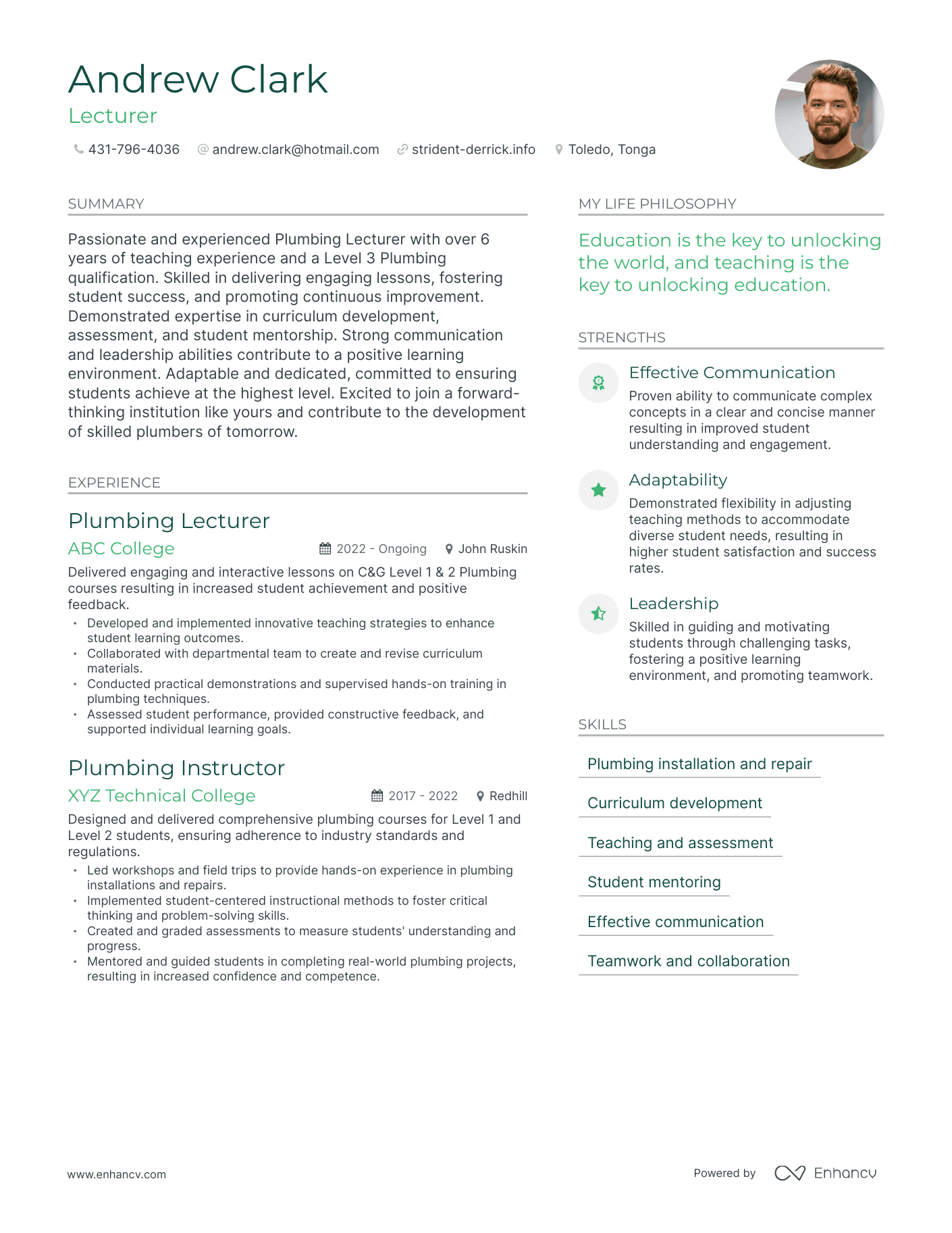 Lecturer resume example