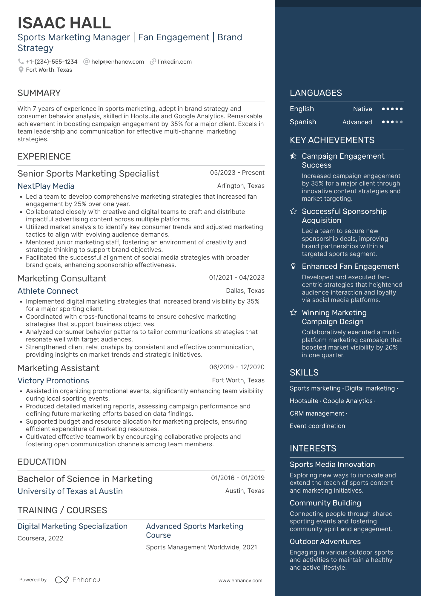 Sports Marketing resume example
