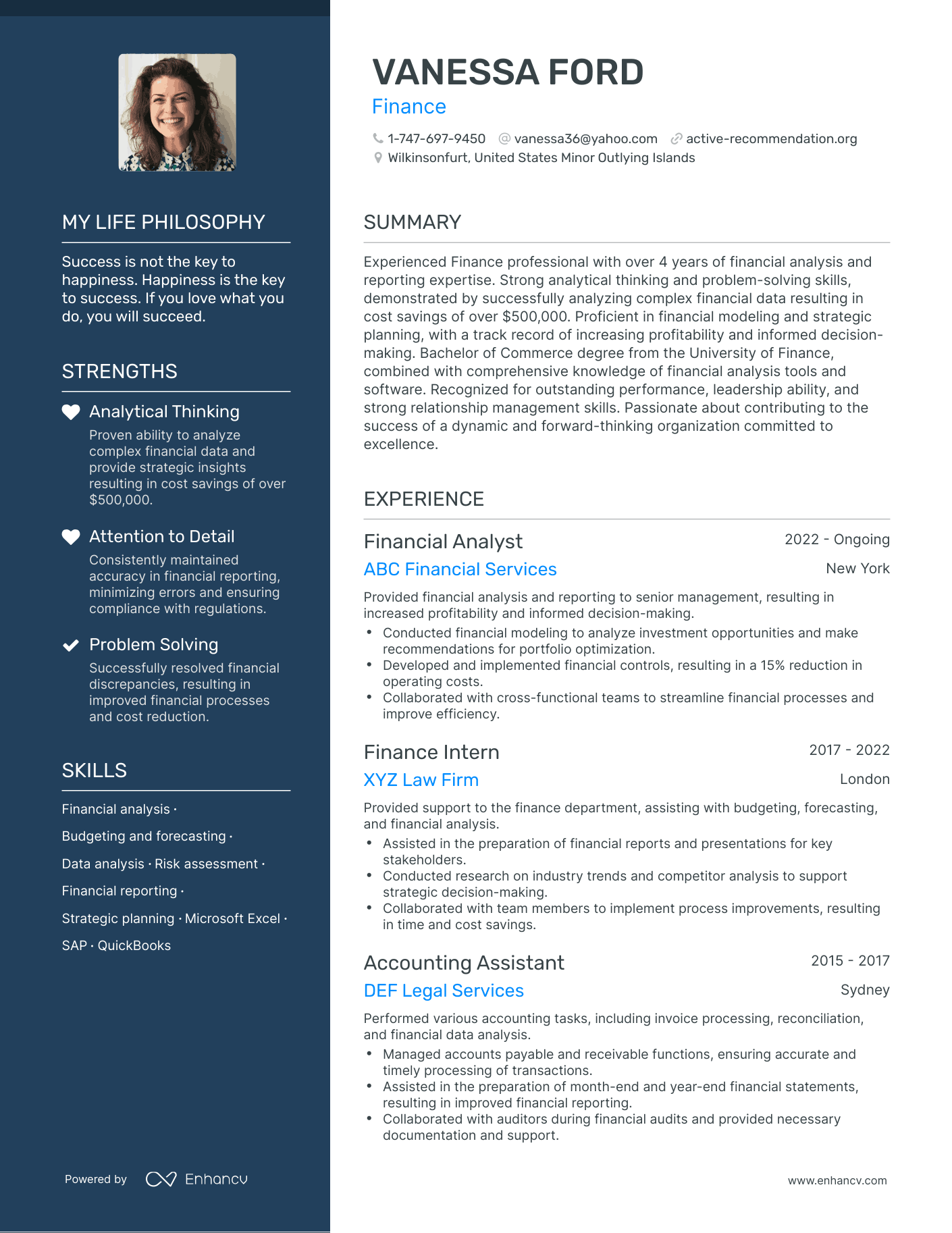 Creative Finance Resume Example