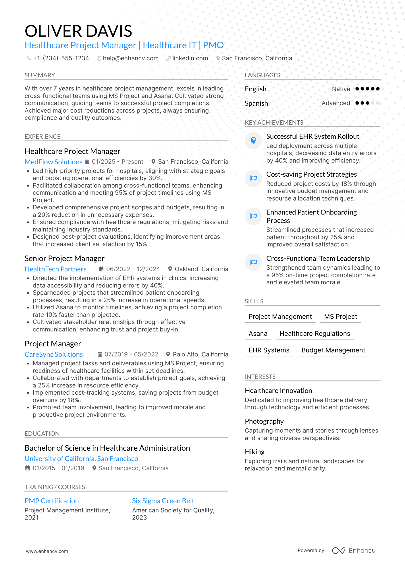 Healthcare Project Manager resume example