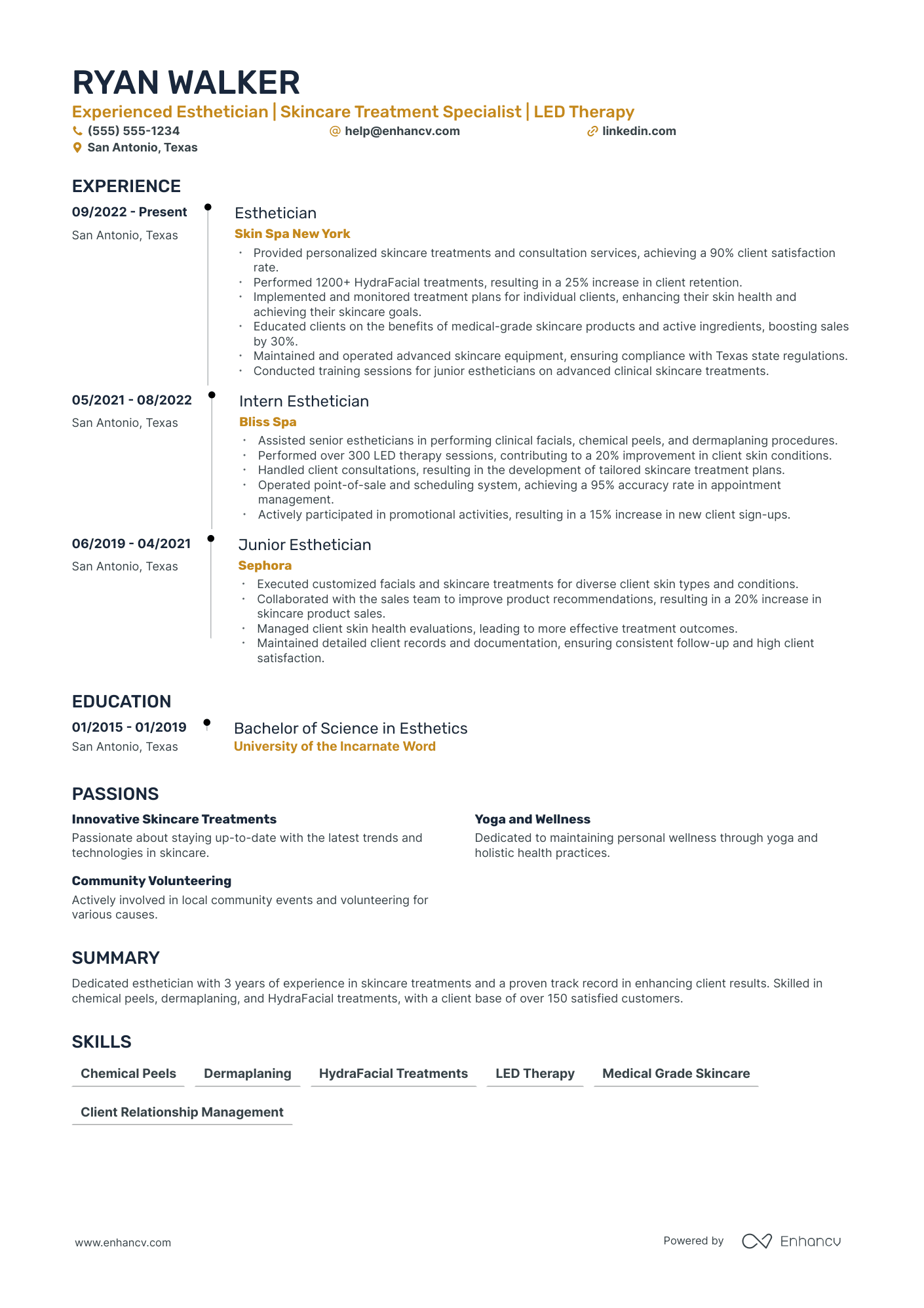 Clinical Esthetician resume example