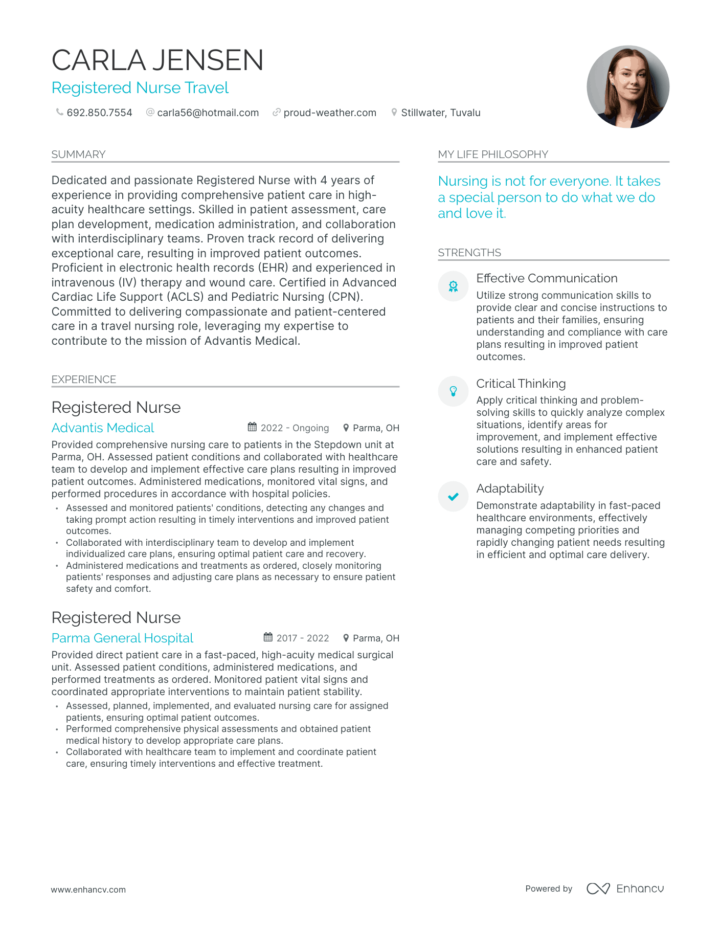 Registered Nurse Travel resume example