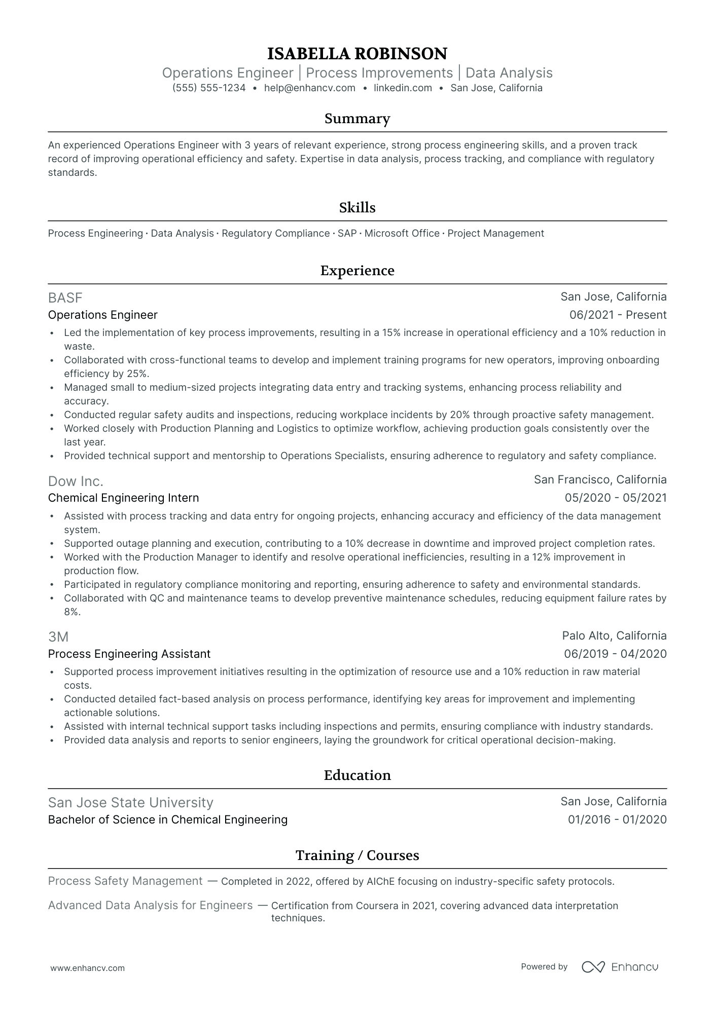 Chemical Operations Engineer resume example