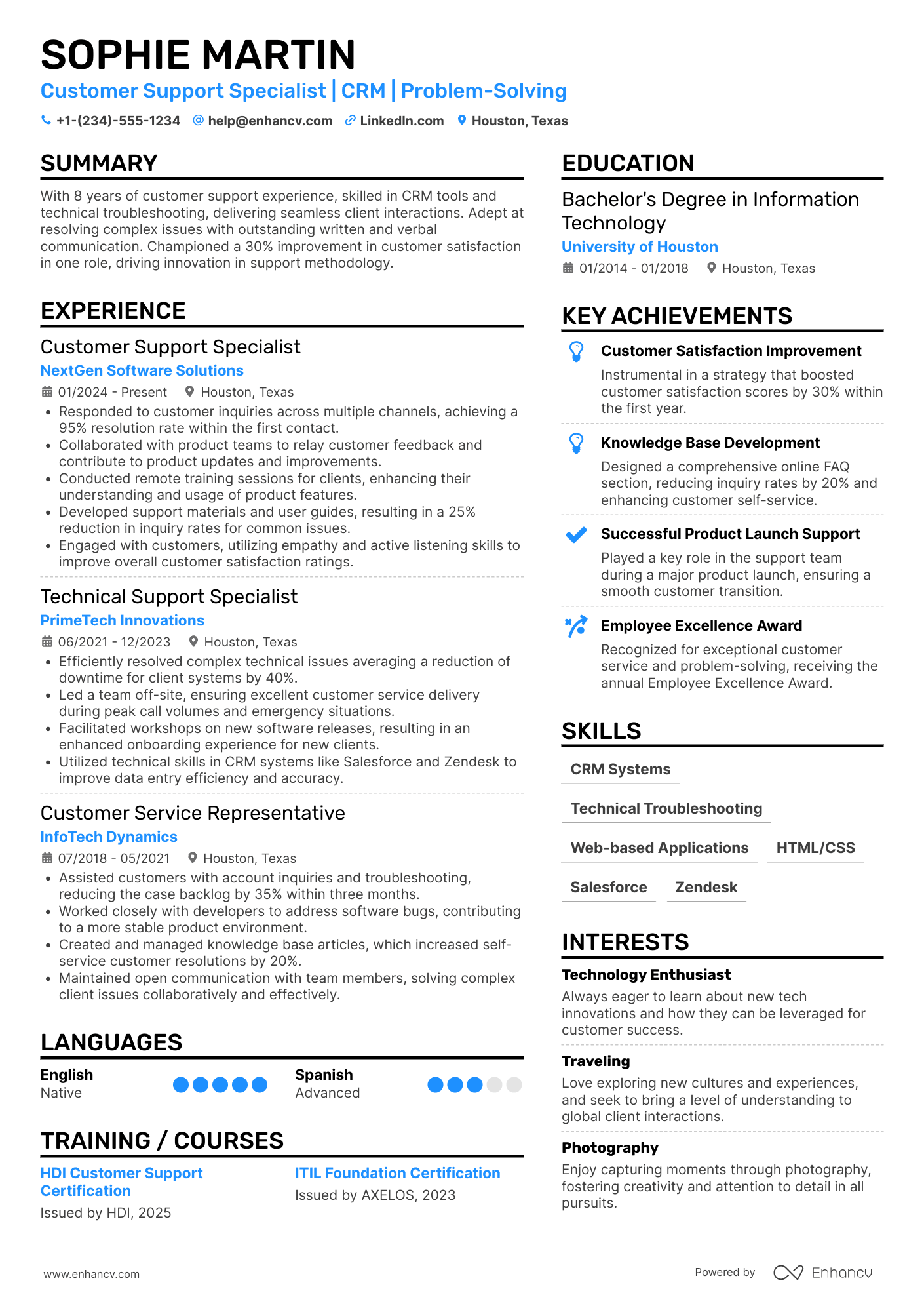 Customer Support Specialist resume example