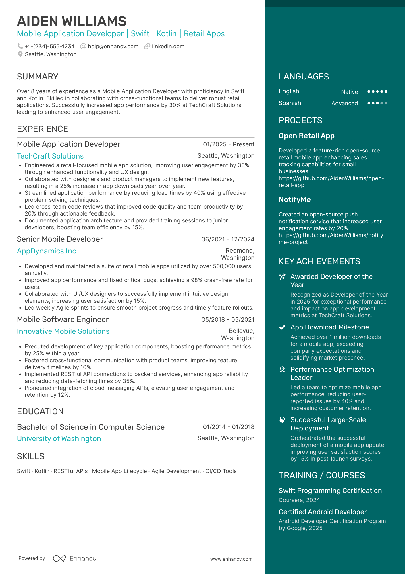 Mobile Application Developer resume example