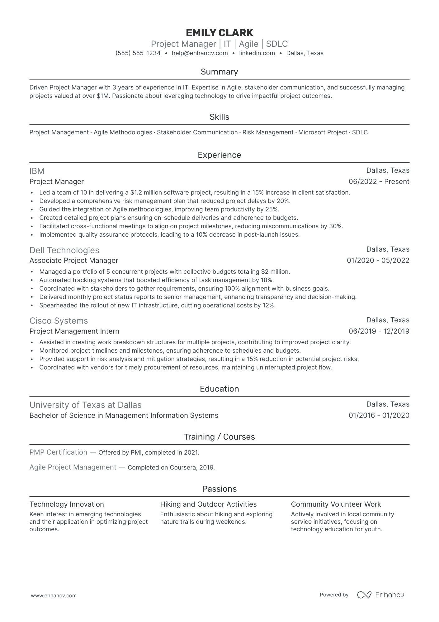 Computer Science Project Manager resume example