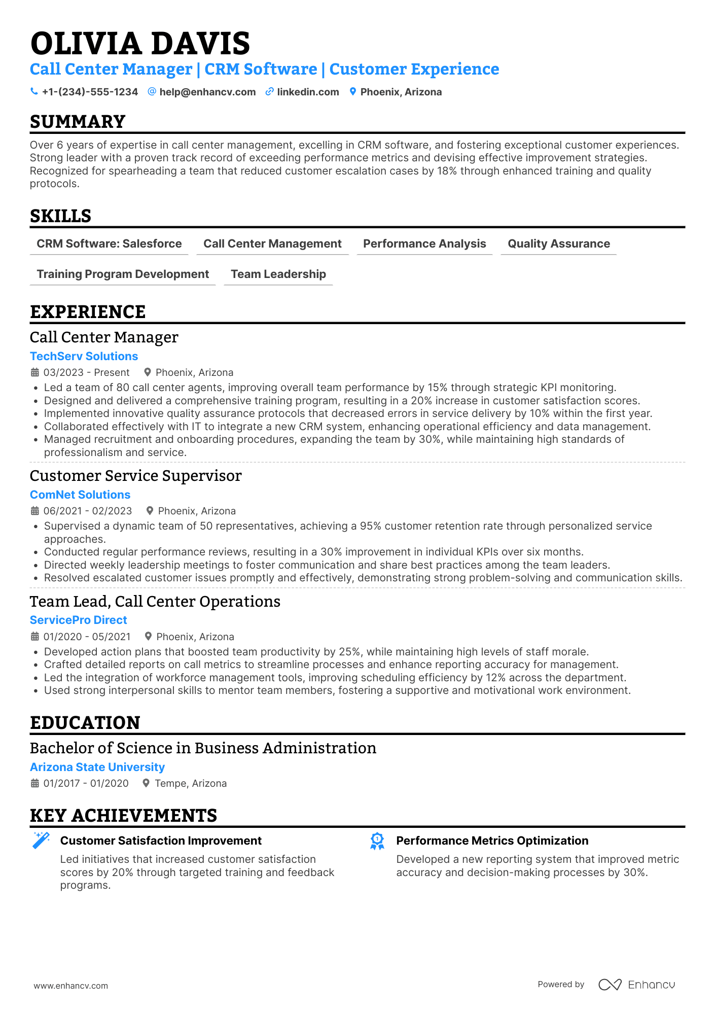 Call Center Manager resume example
