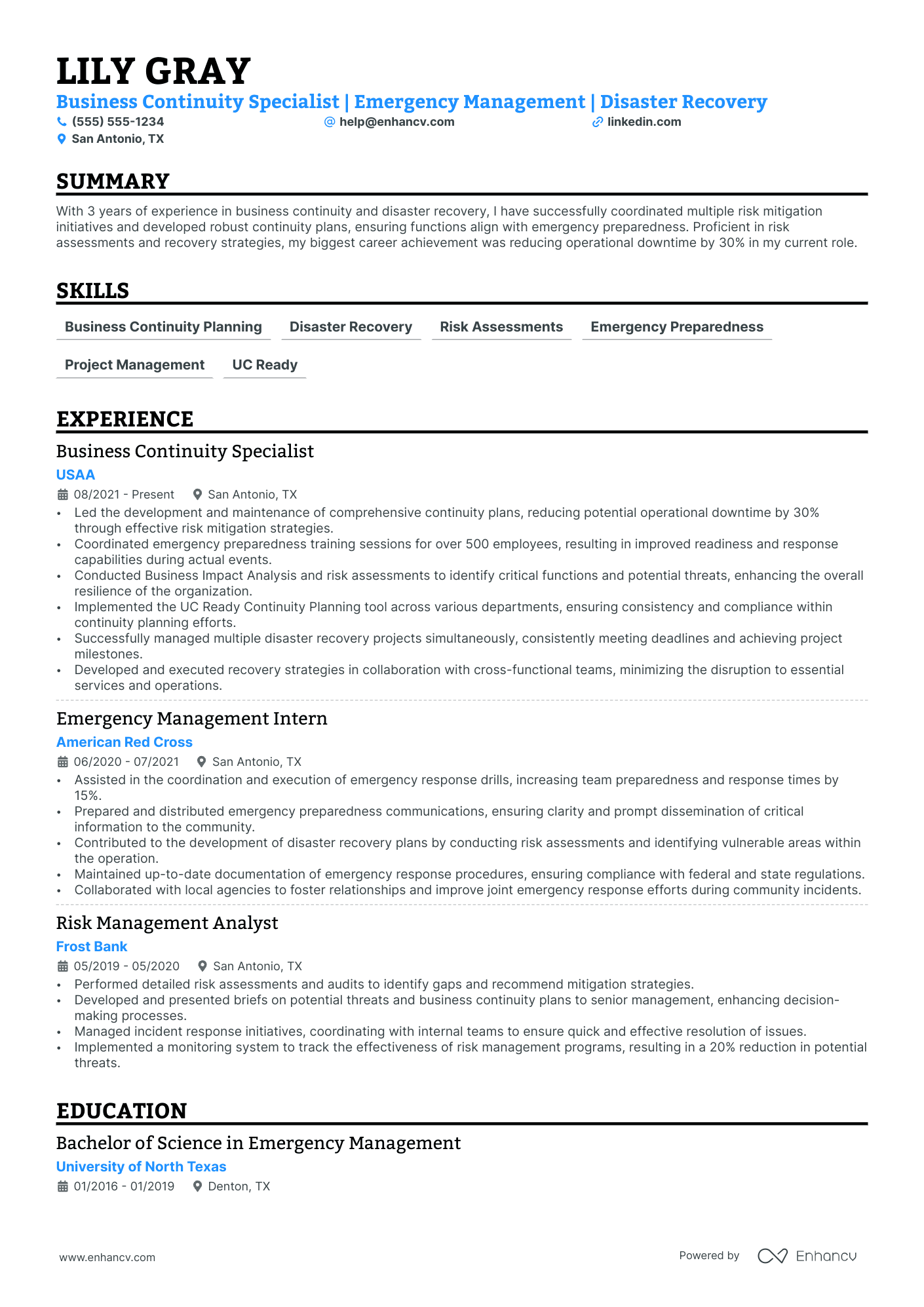 Business Continuity Manager resume example