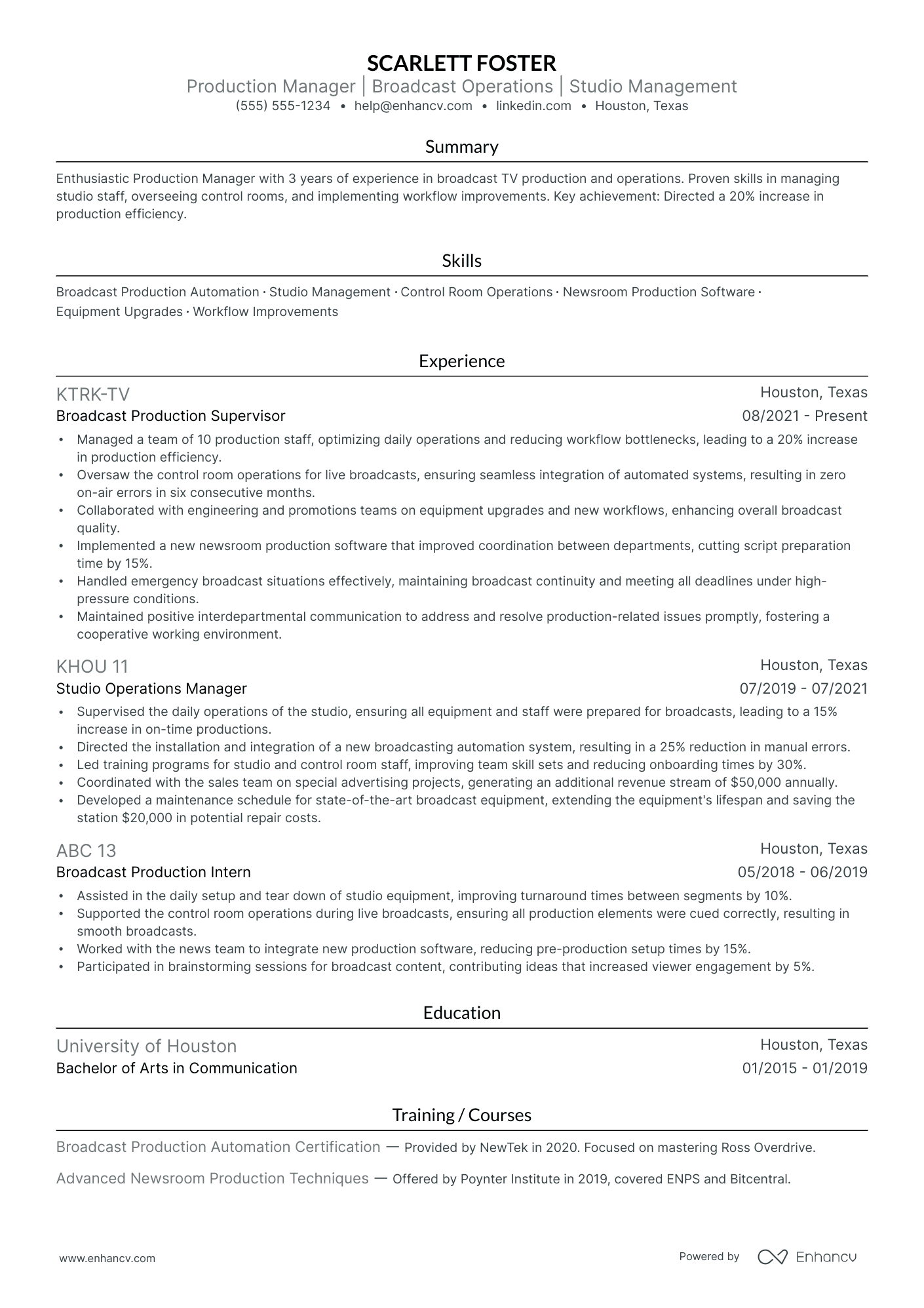 Production Manager resume example