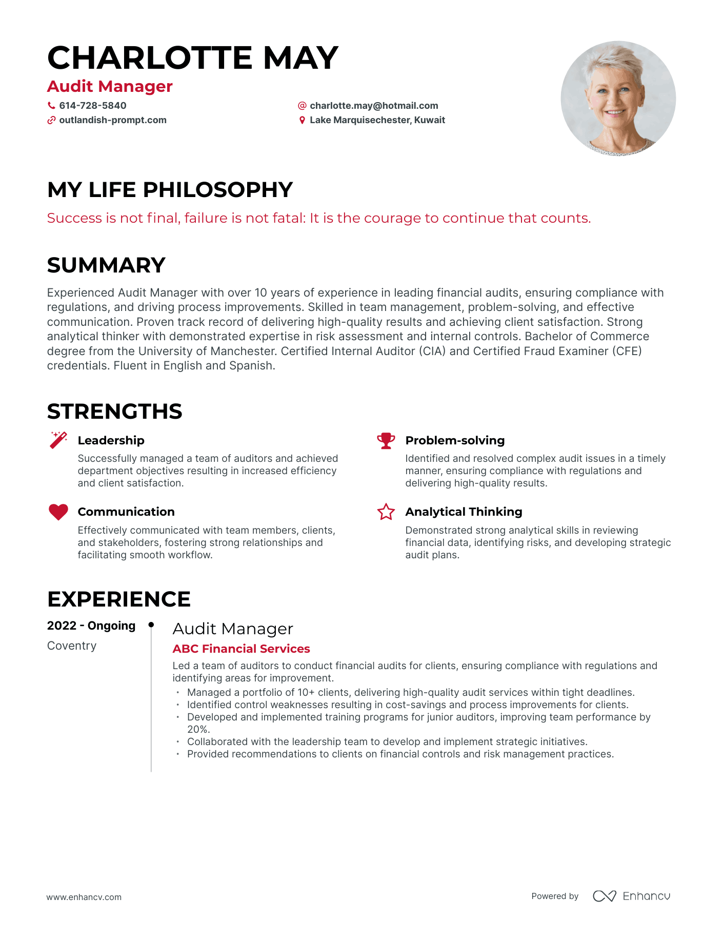 Creative Audit Manager Resume Example
