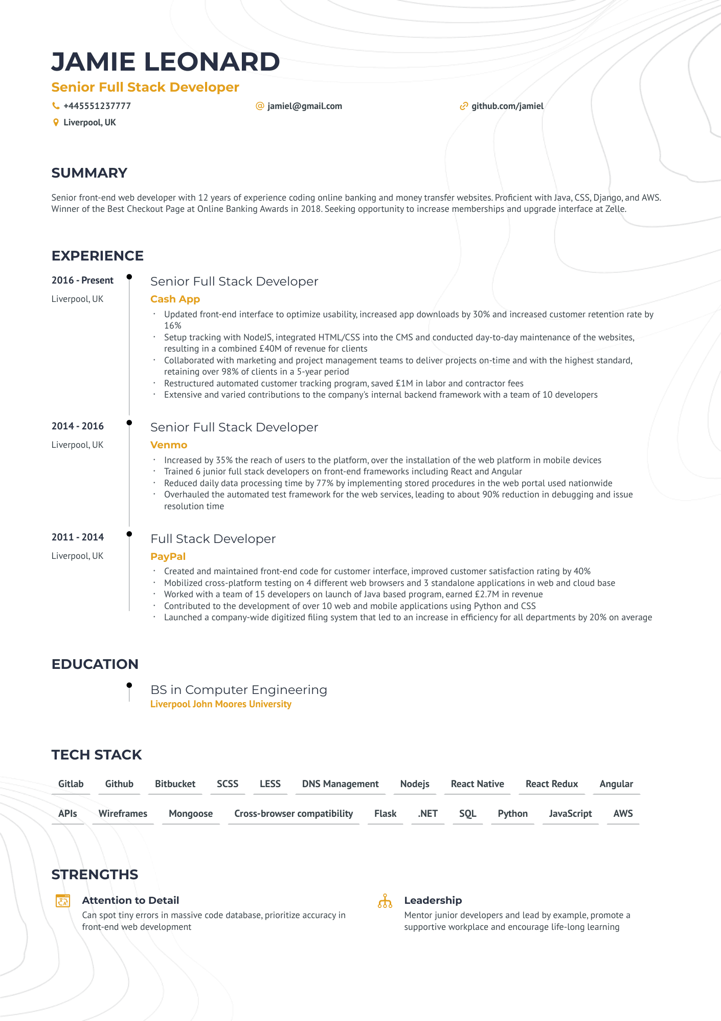 Senior Full Stack Developer CV example