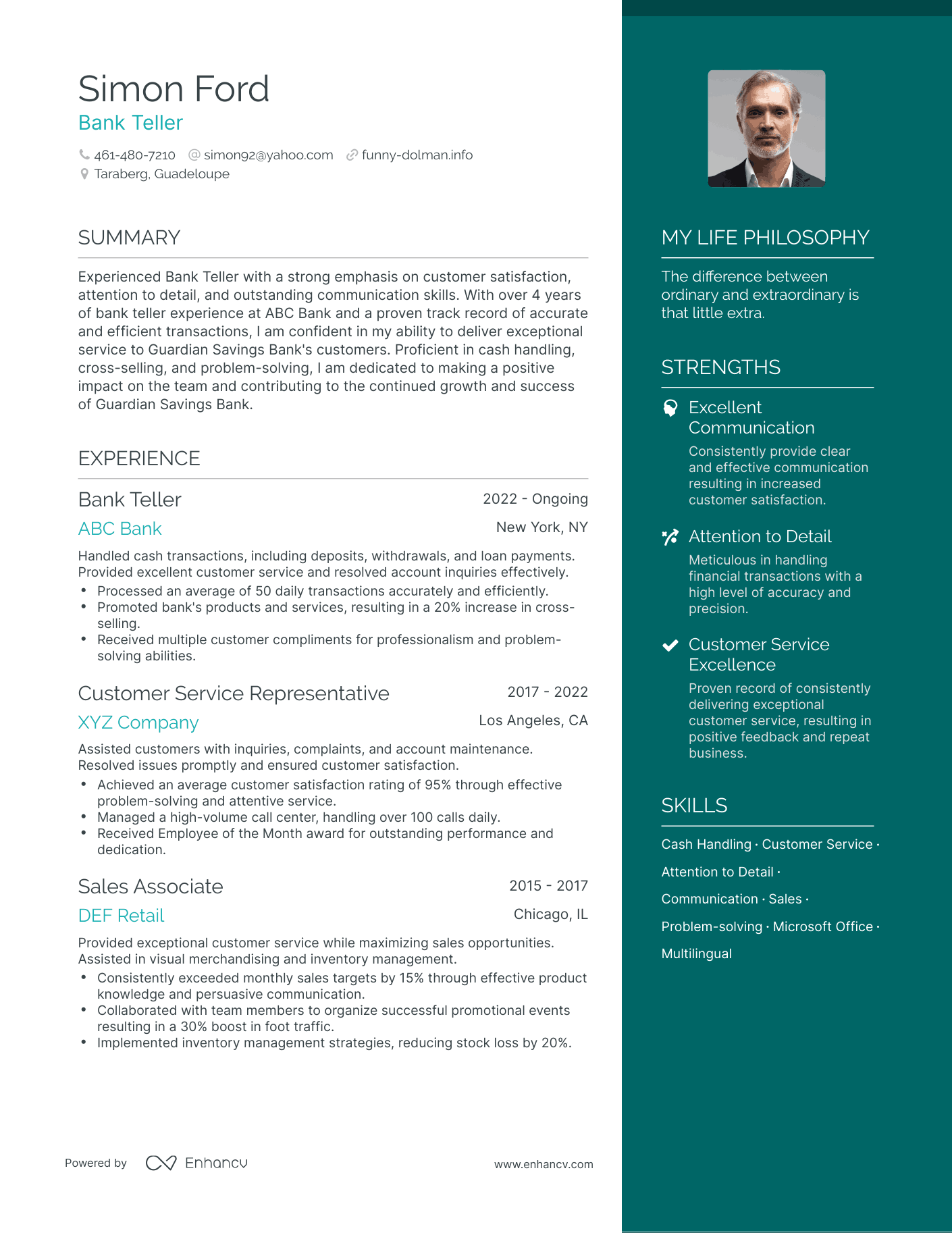 Bank Teller resume example