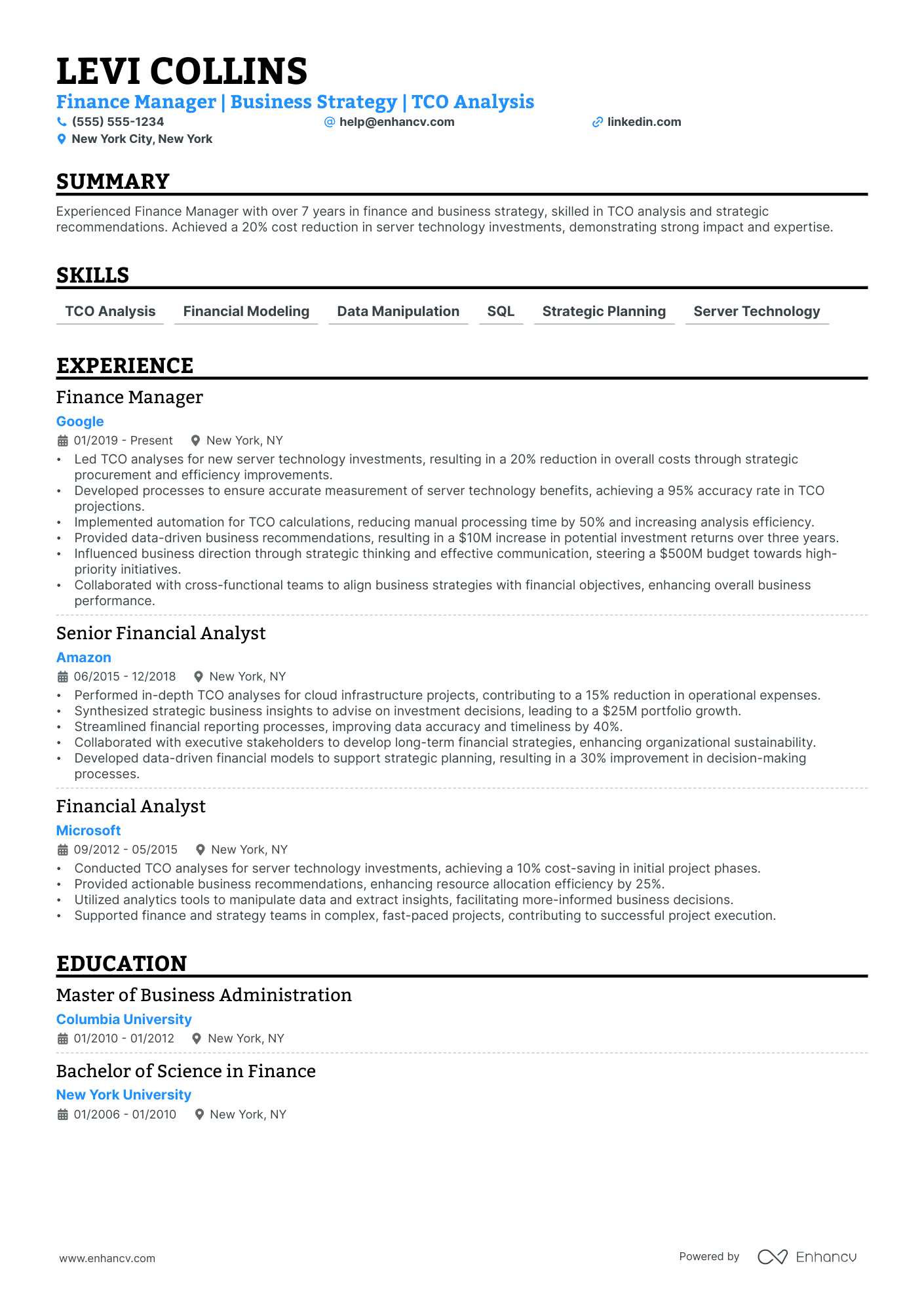 Junior Finance Manager resume example