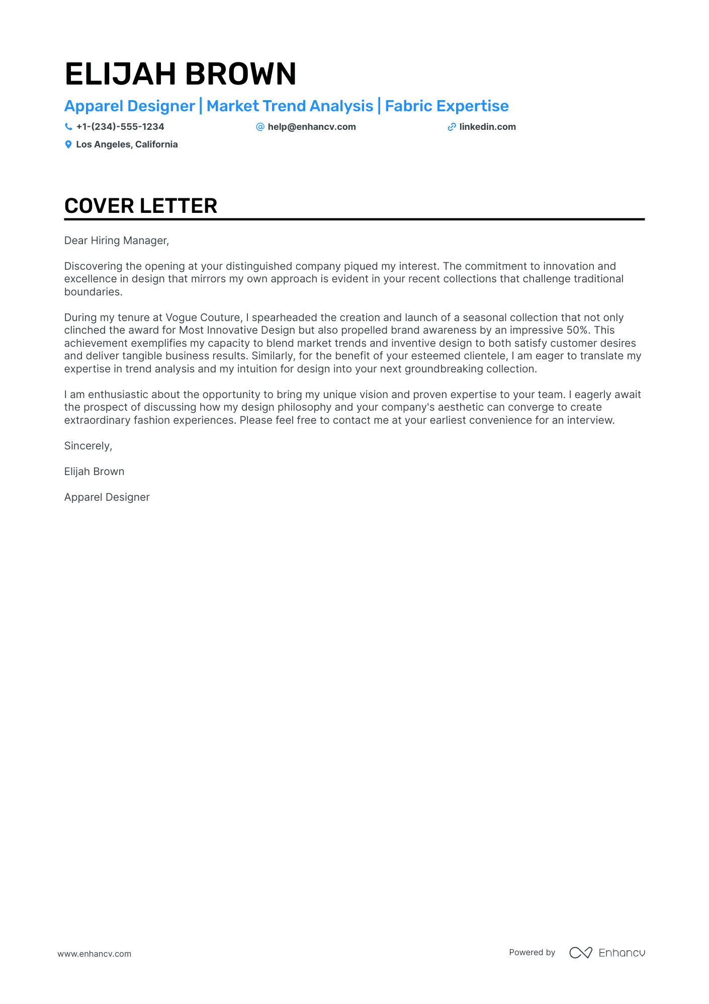 Apparel Designer cover letter