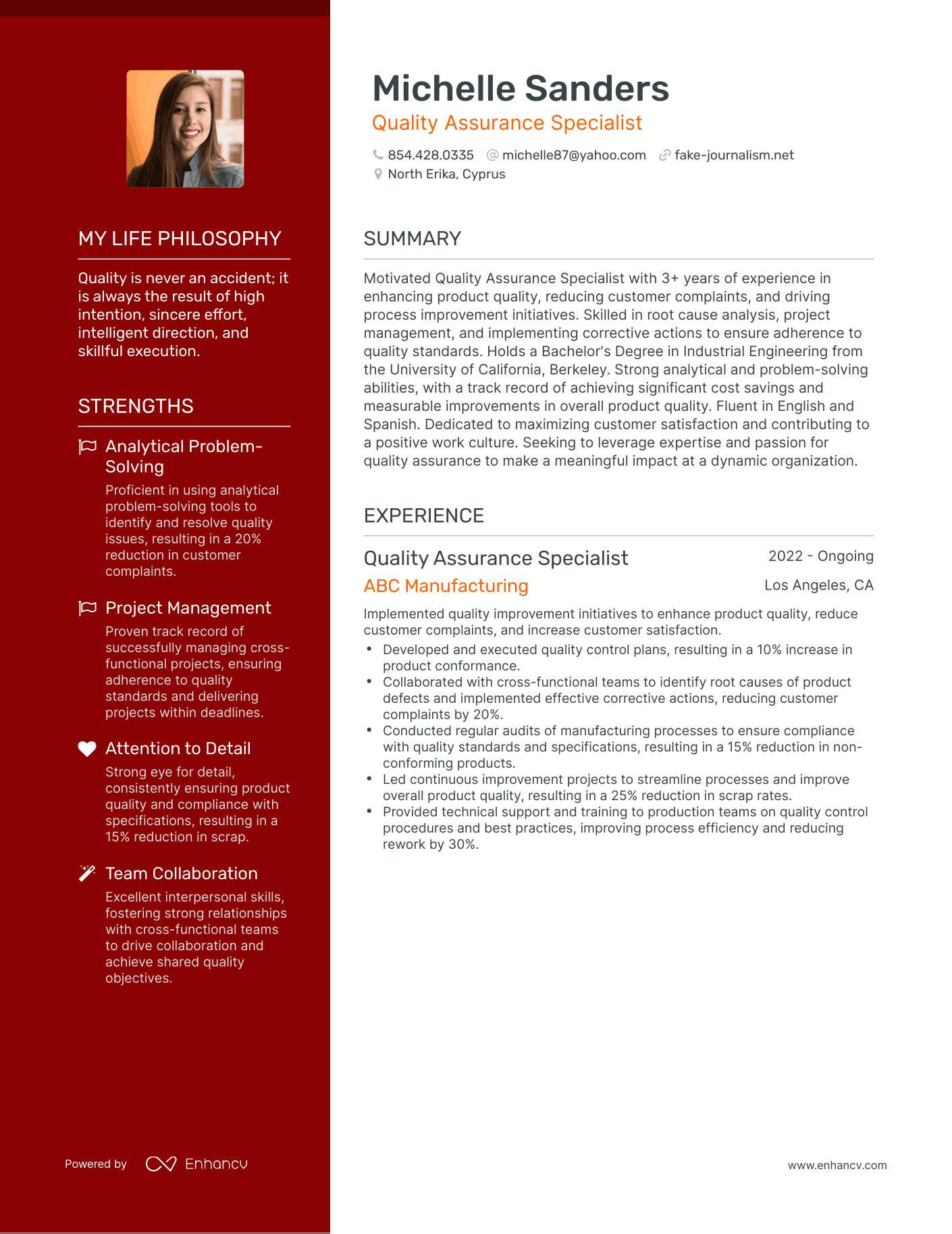 Creative Quality Assurance Specialist Resume Example