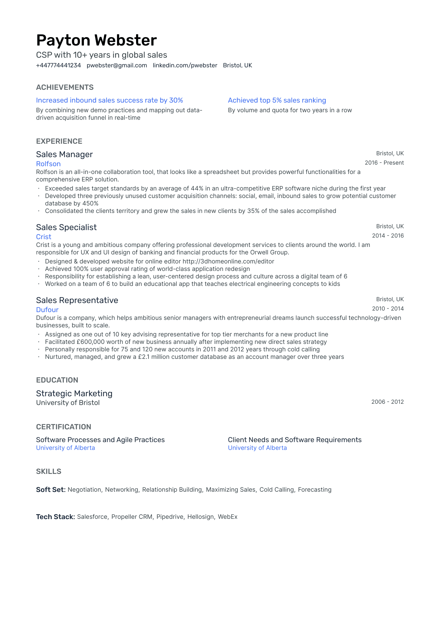 CSP with 10+ years in global sales CV example