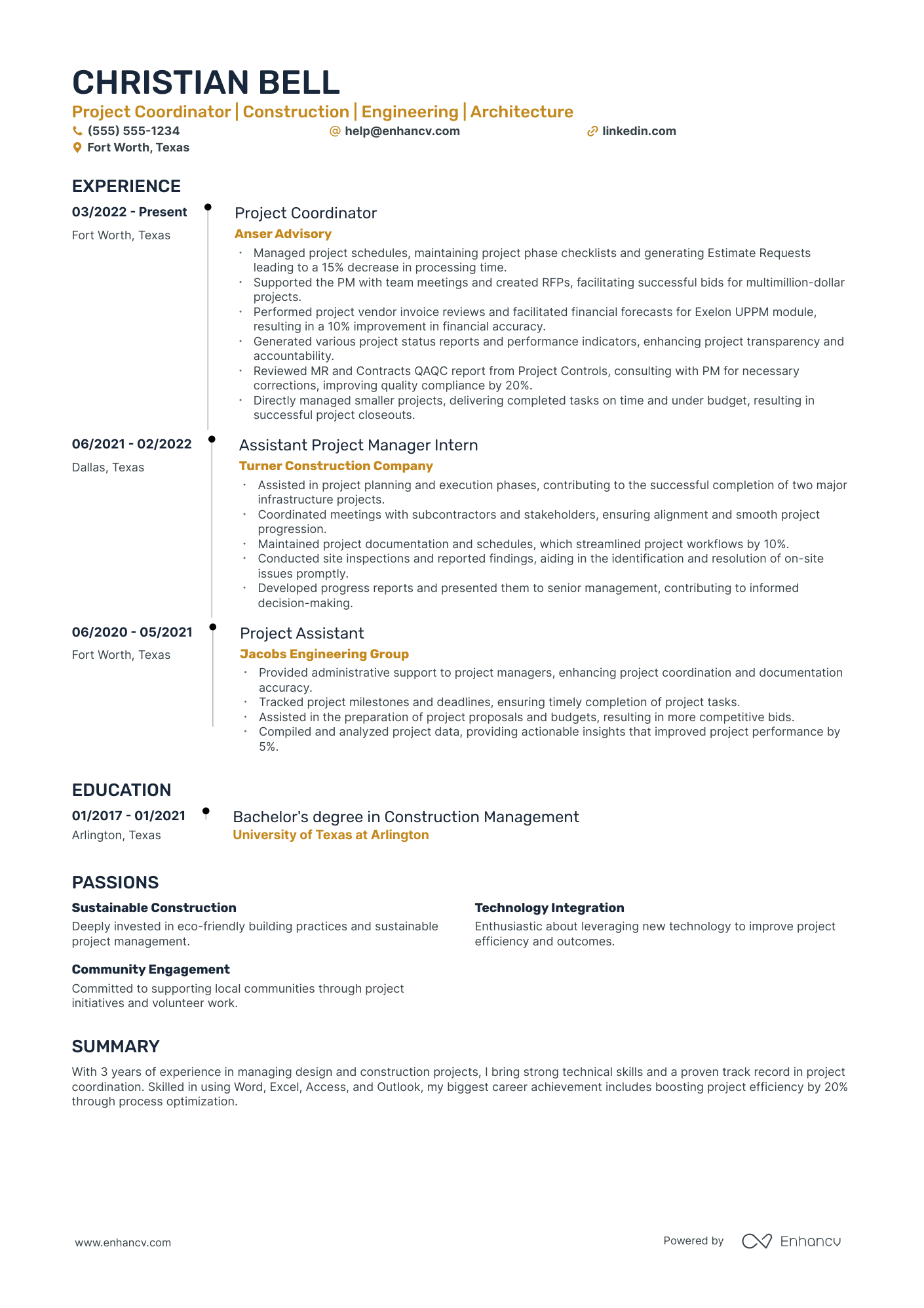 Construction Project Coordinator resume example