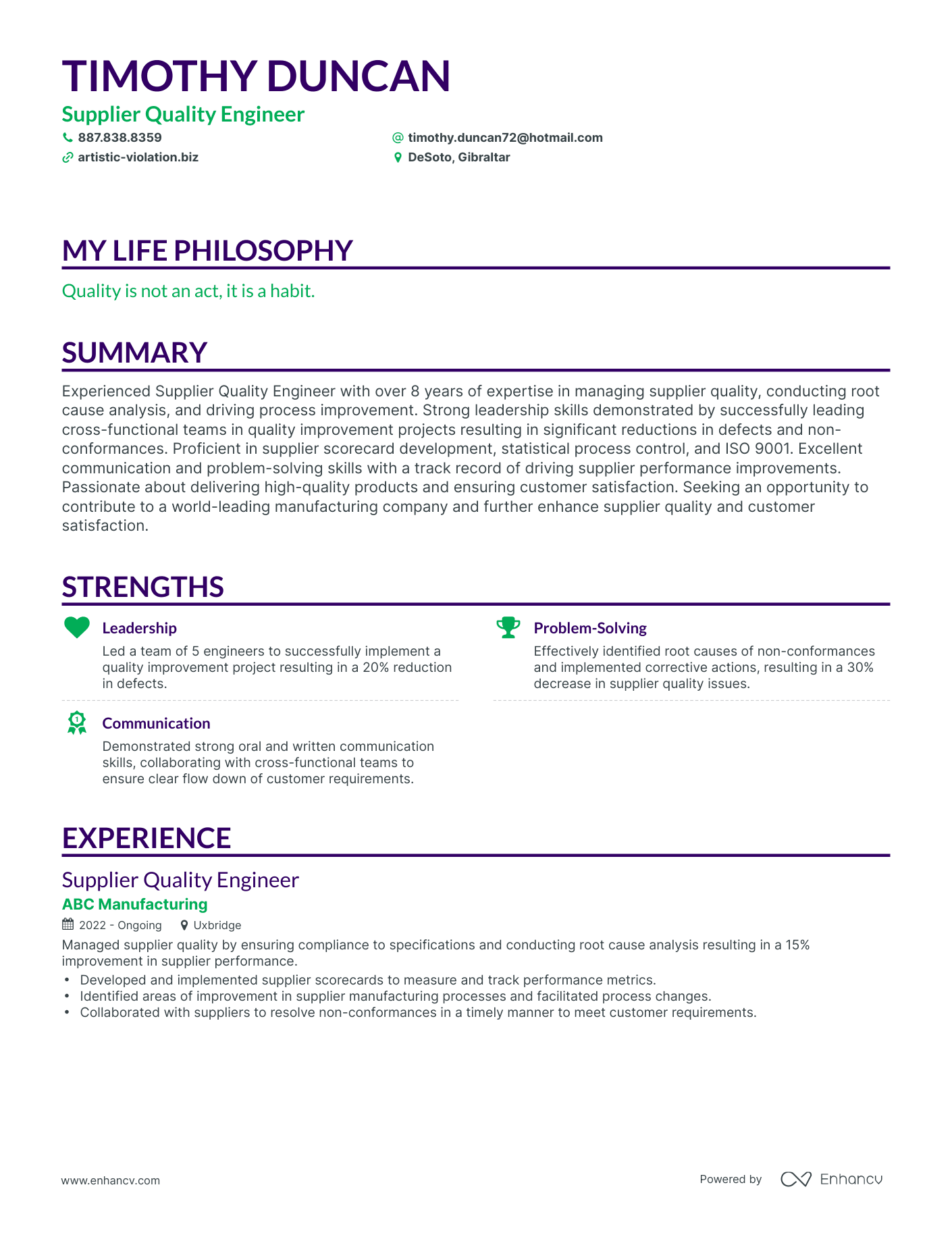 Creative Supplier Quality Engineer Resume Example