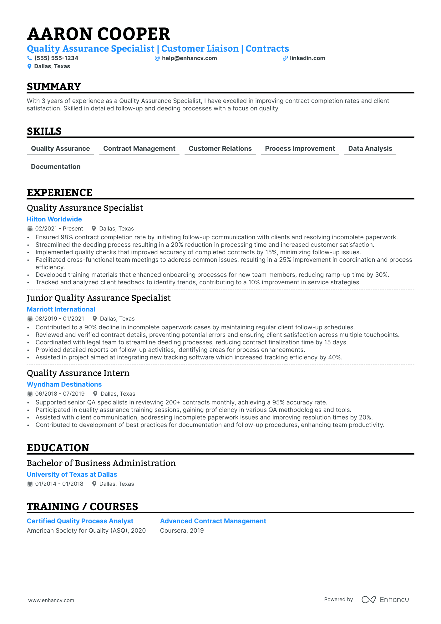 Call Center Quality Assurance Specialist resume example