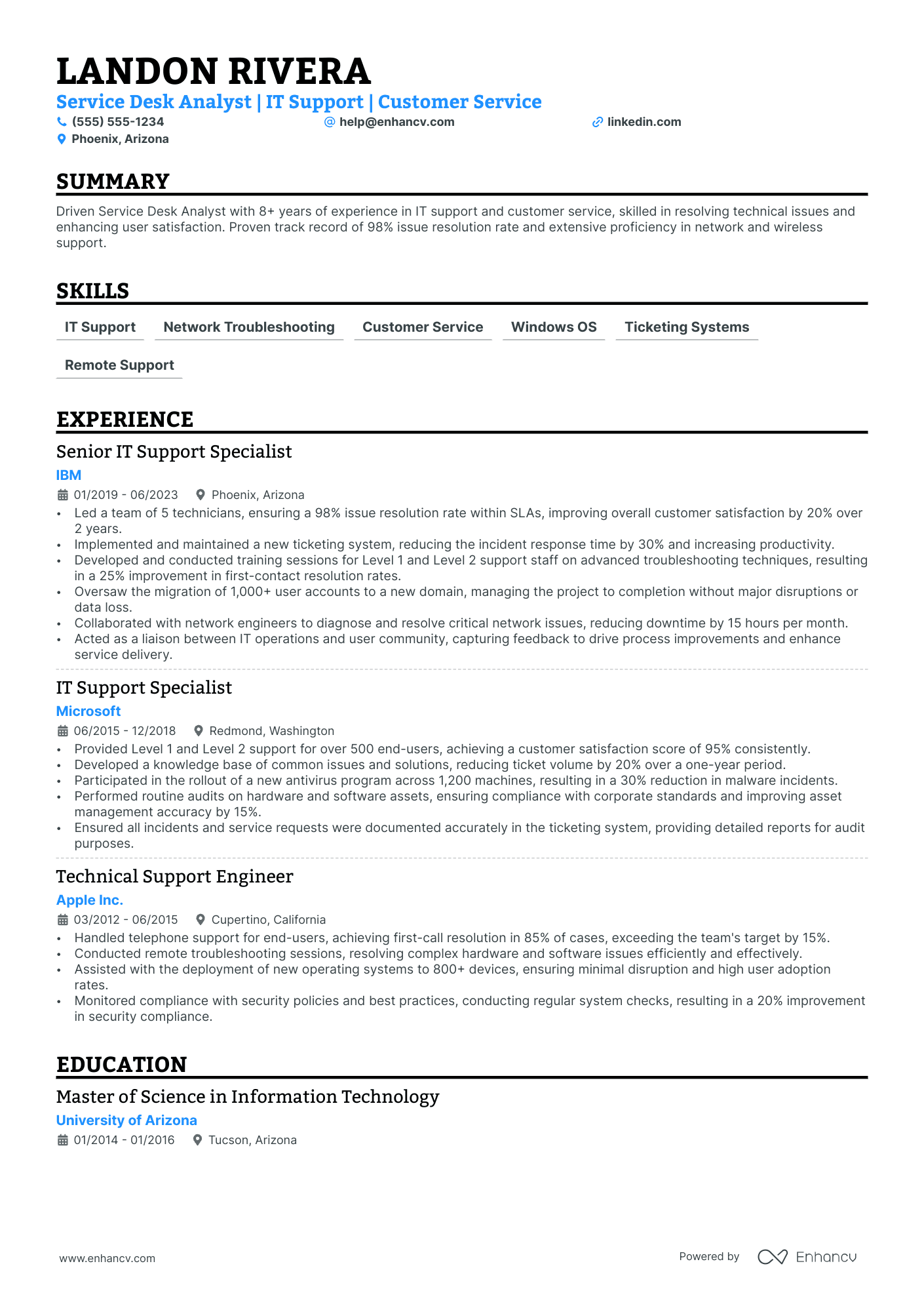 Junior Service Desk Analyst resume example