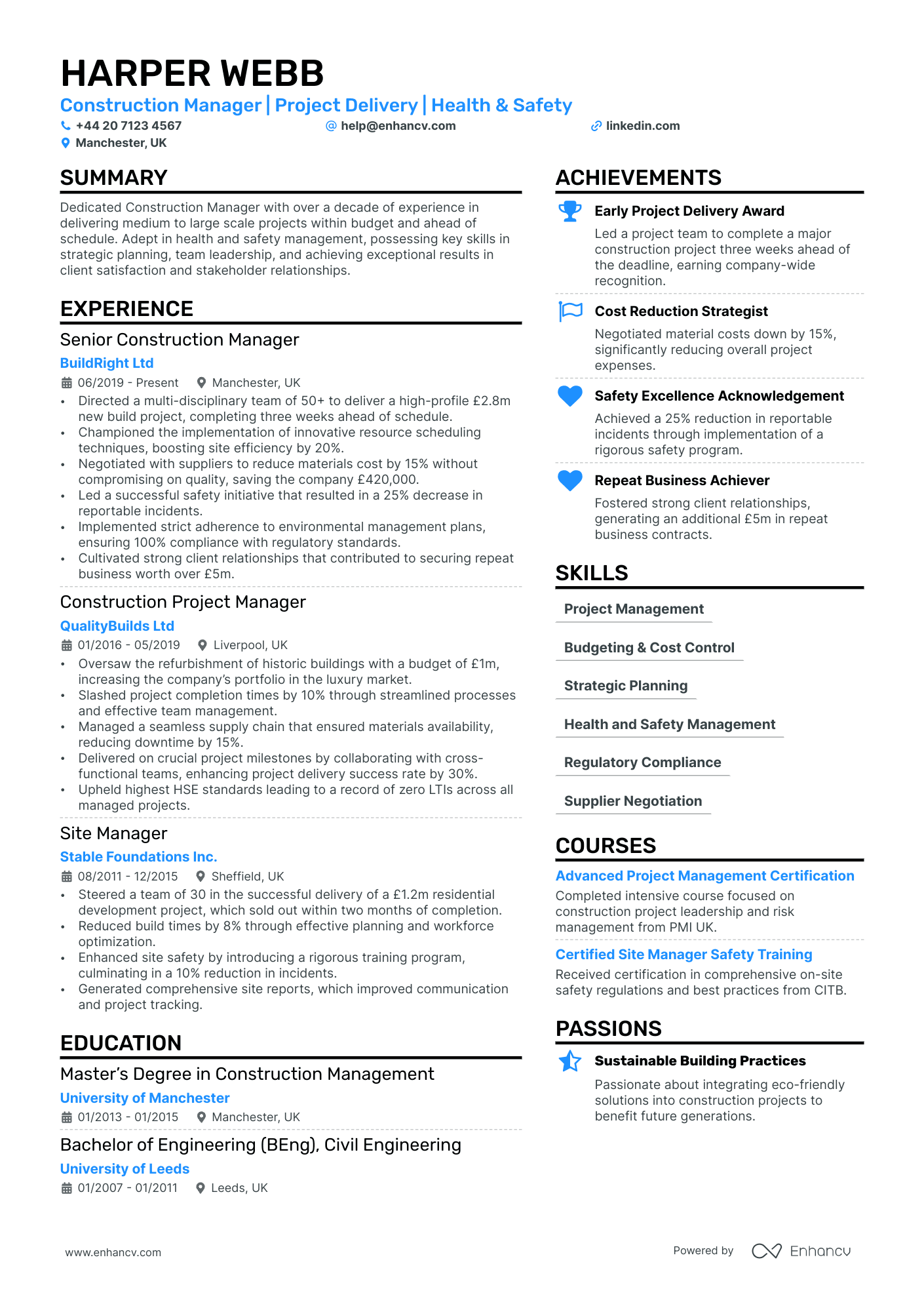 Construction Manager cv example