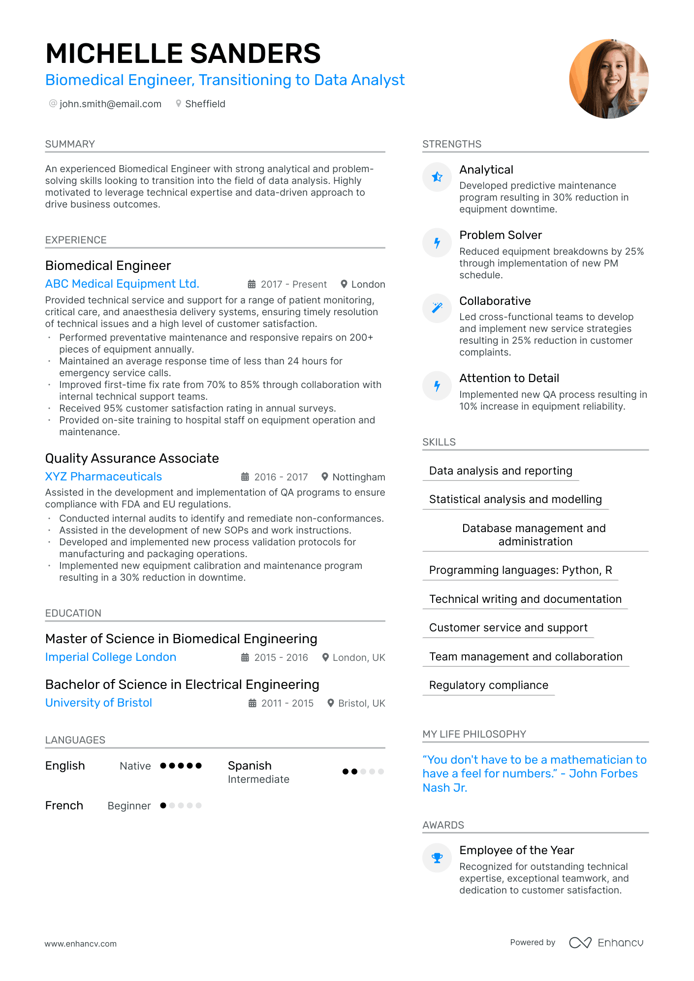 Biomedical Engineer, Transitioning to Data Analyst CV example