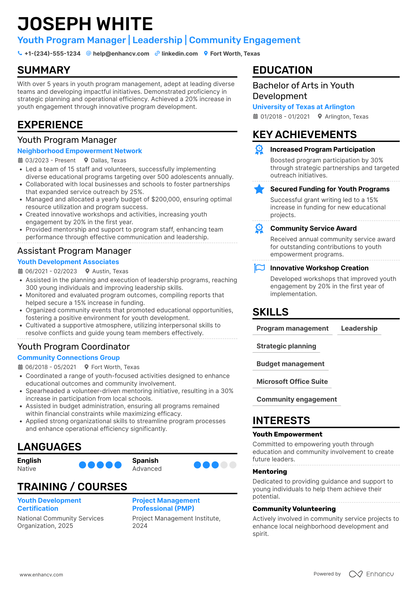 Youth Program Manager resume example