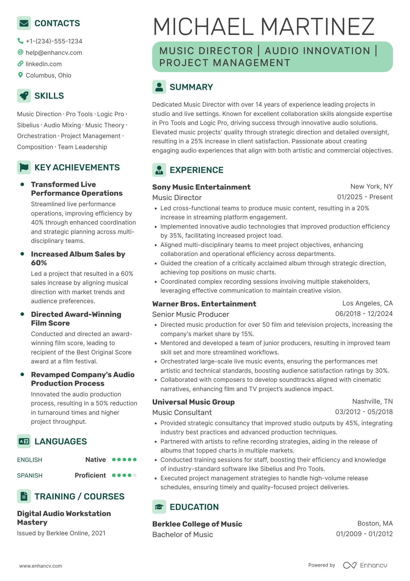 Music Director resume example