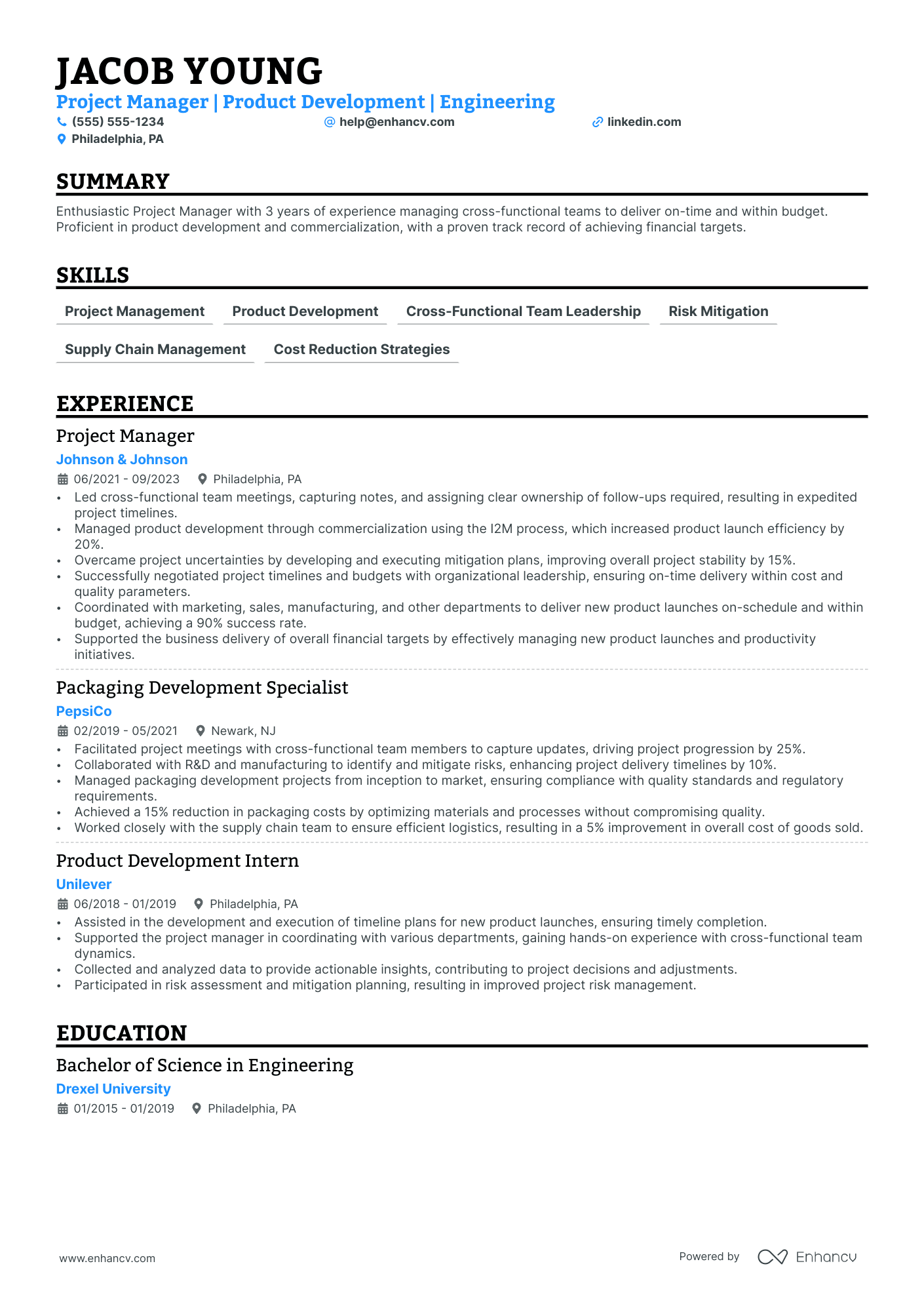 Product Project Manager resume example