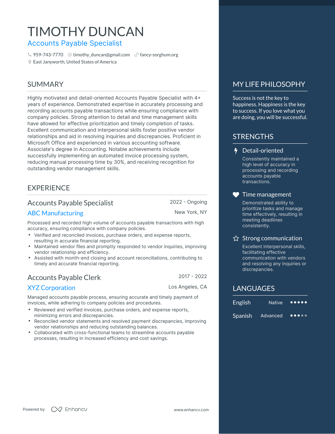 Accounts Payable Specialist resume example
