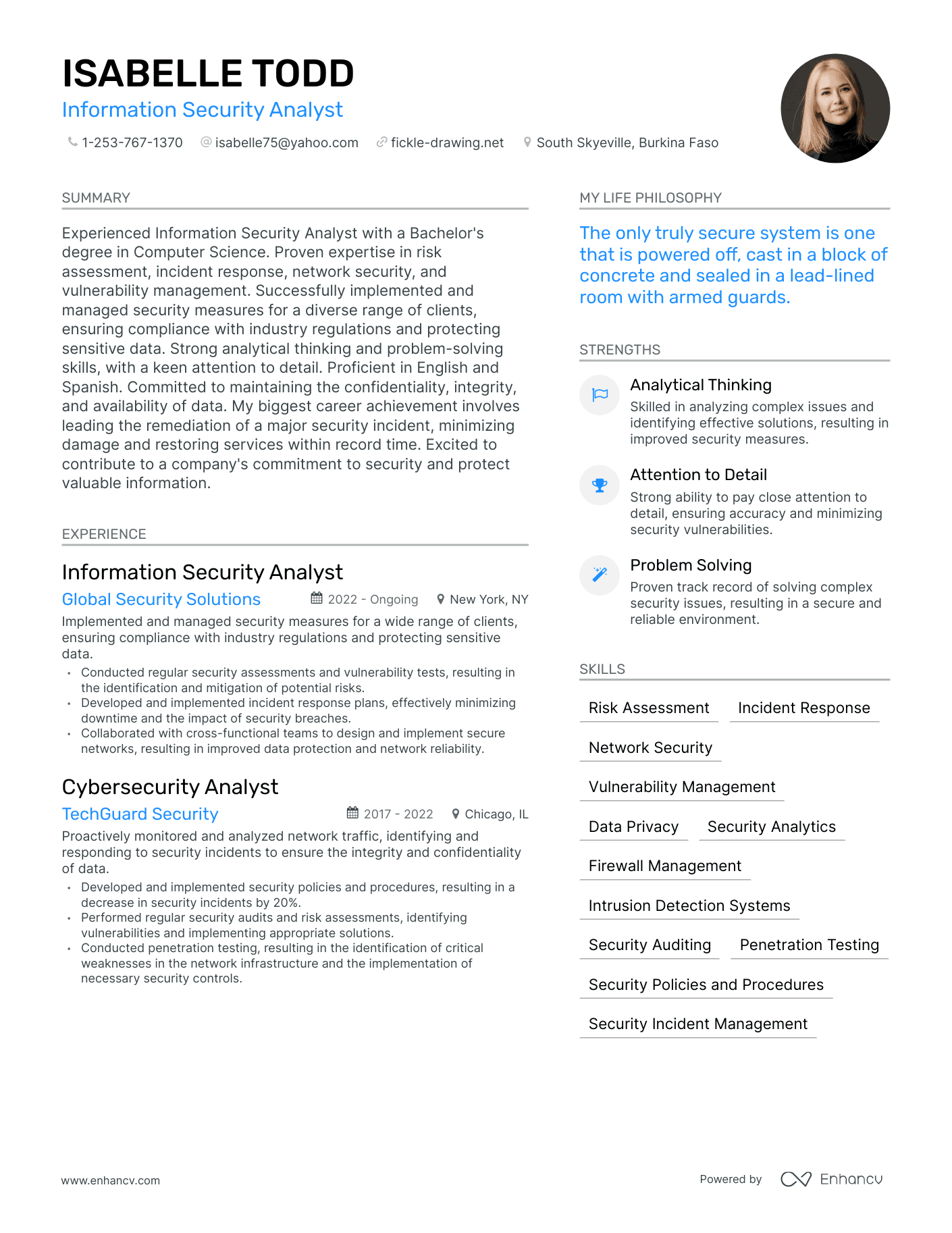 Modern Information Security Analyst Resume Example