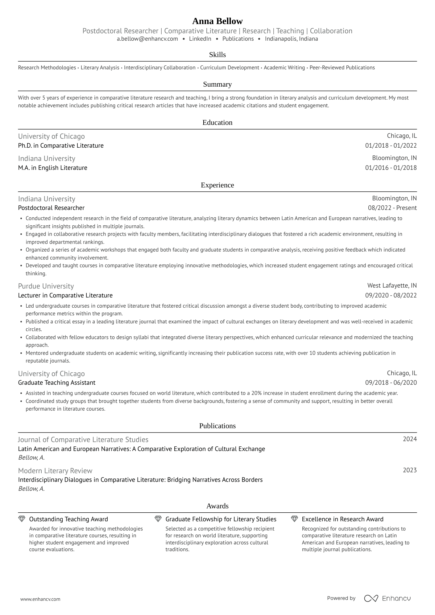A single column, classic resume template with grey accent colors.