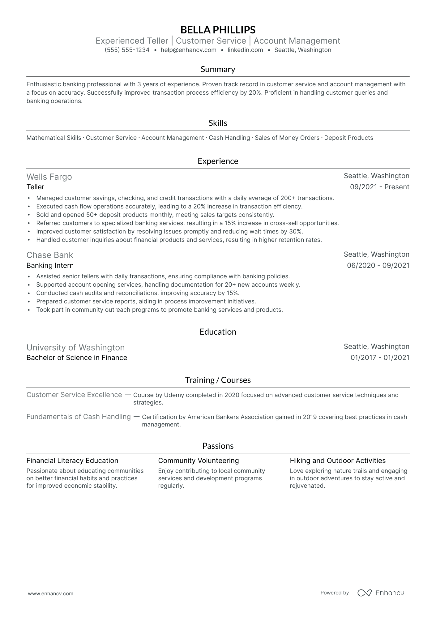 Full-Time Bank Teller resume example