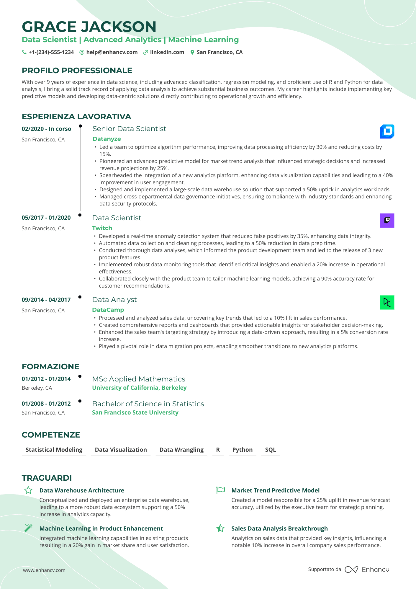A single column timeline resume template with green accent colors.