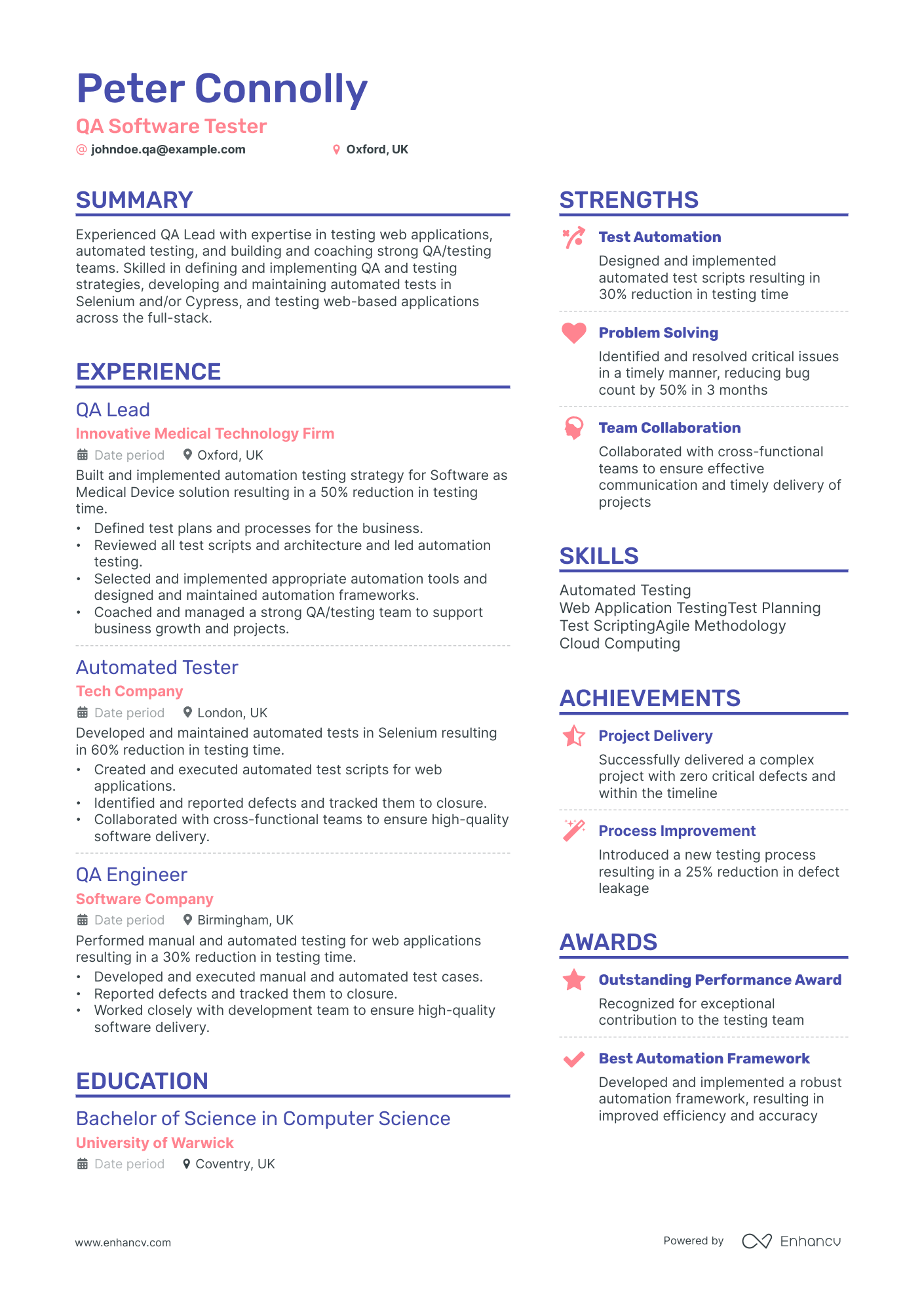 QA Software Tester resume example