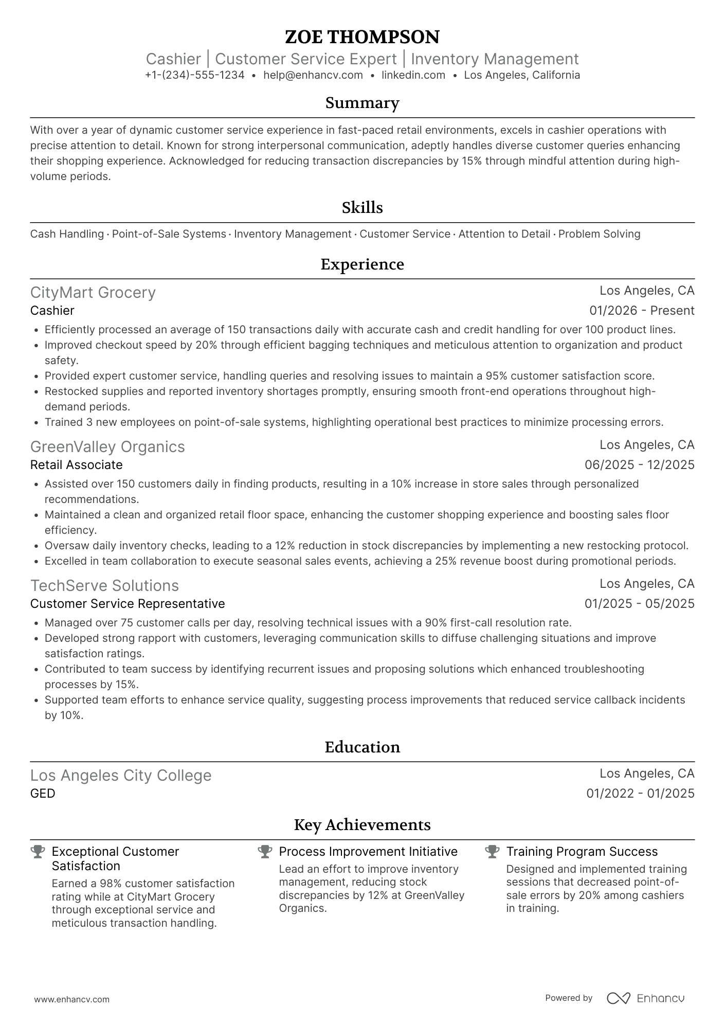 Cashier resume example