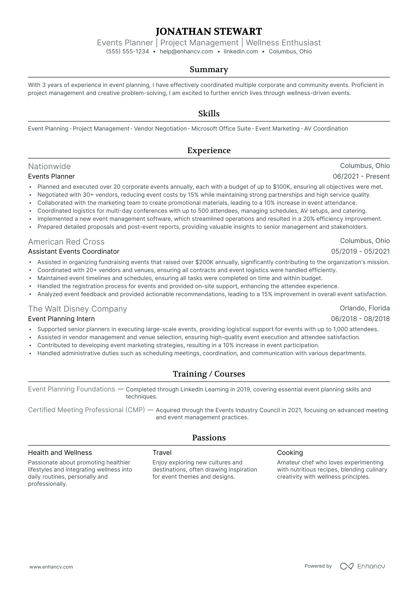 Special Events Planner resume example